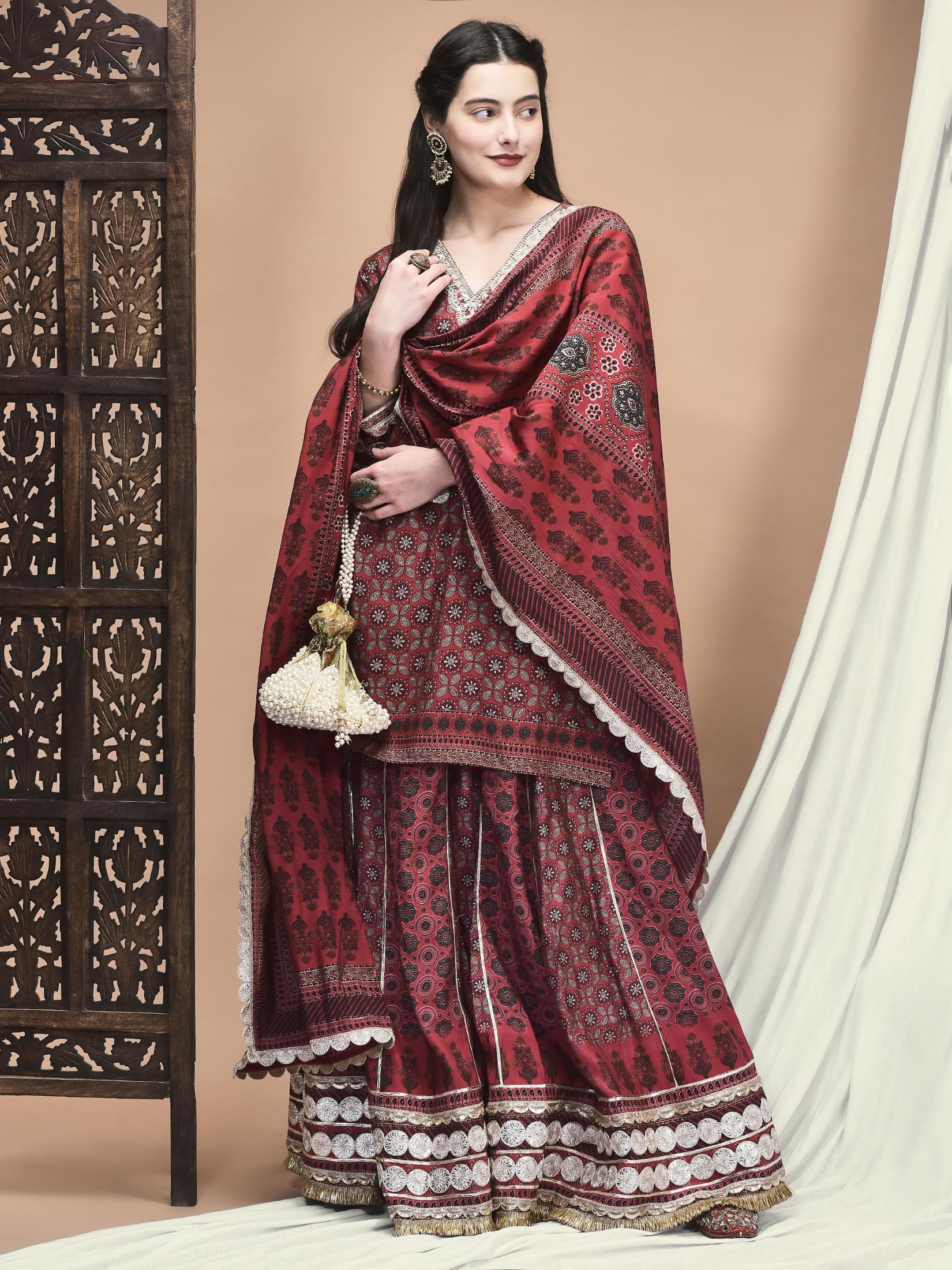 Women Chanderi Maroon Ajrakh Print Kurta Skirt Dupatta.