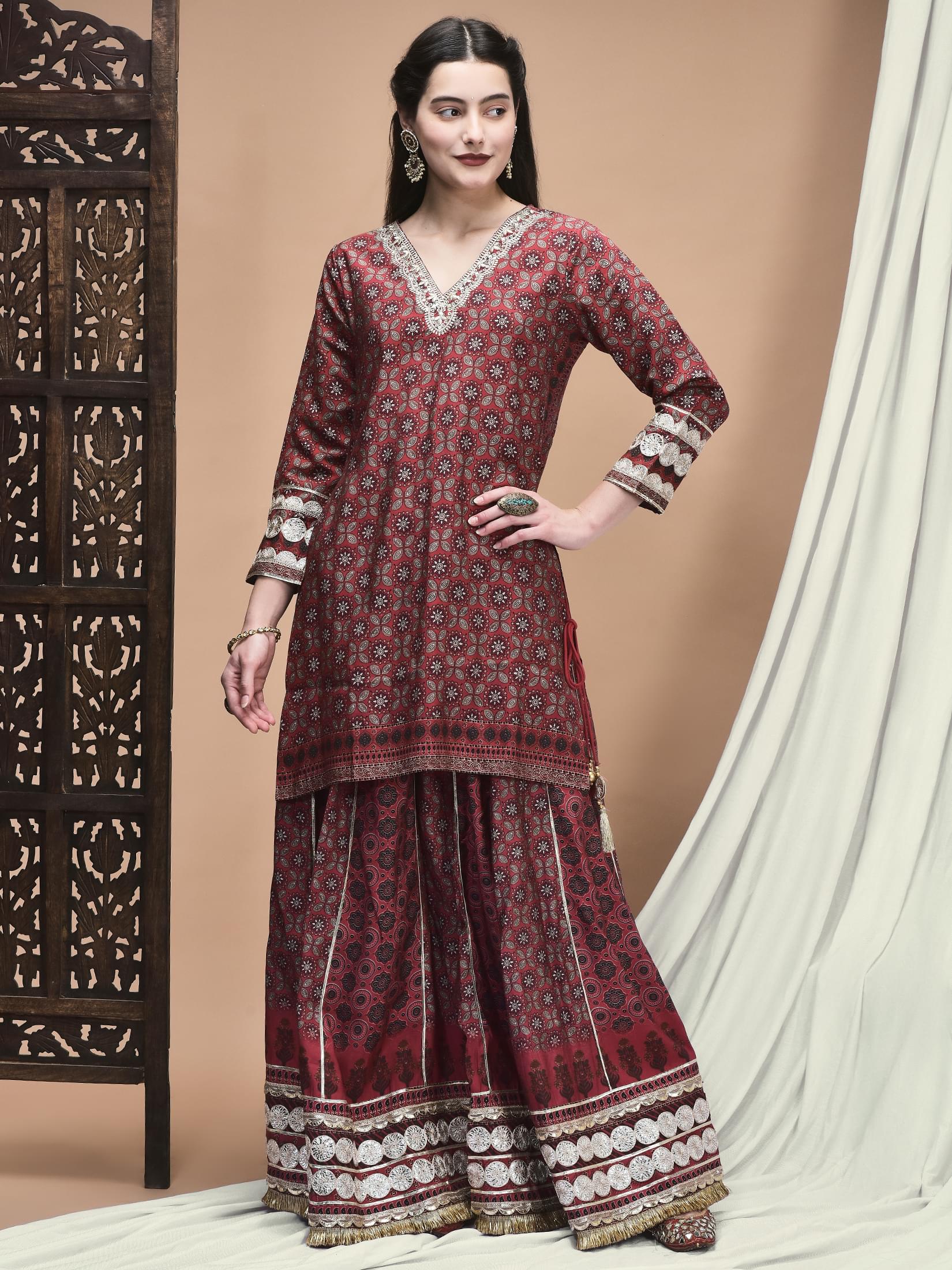 Women Chanderi Maroon Ajrakh Print Kurta Skirt Dupatta.