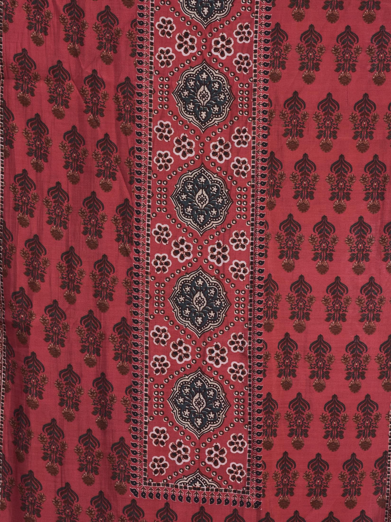 Women Chanderi Maroon Ajrakh Print Kurta Skirt Dupatta.