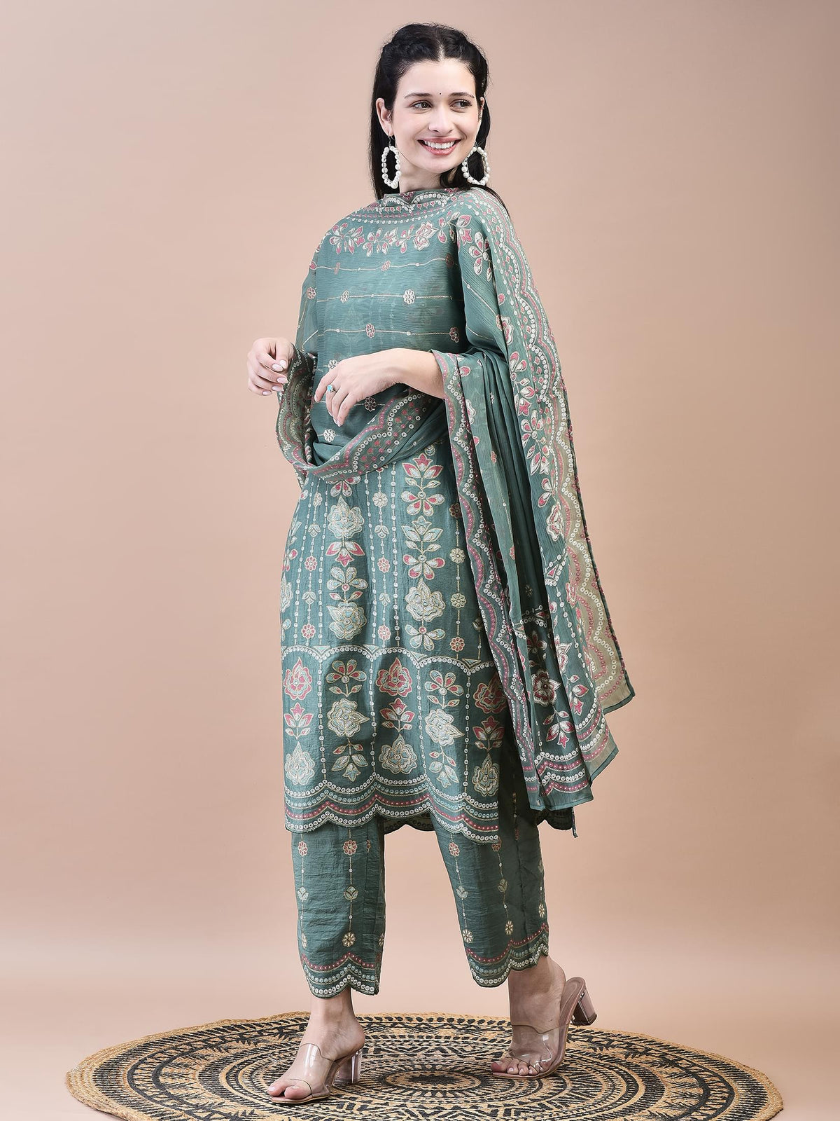 Women Liva Green Floral Print Kurta Comfort Pant Dupatta.