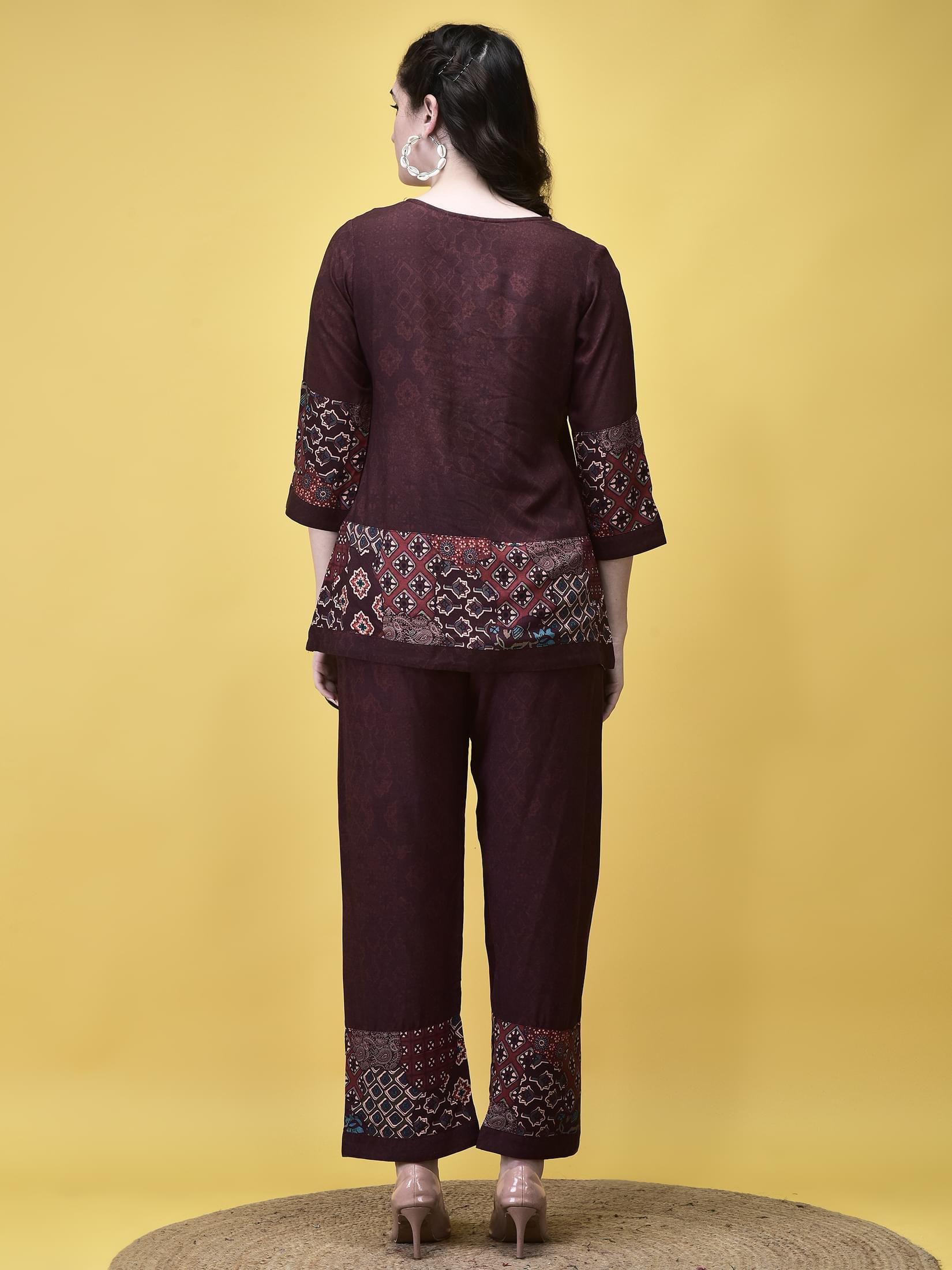 Women Liva Maroon Ajrakh Print Co-Ord Set.
