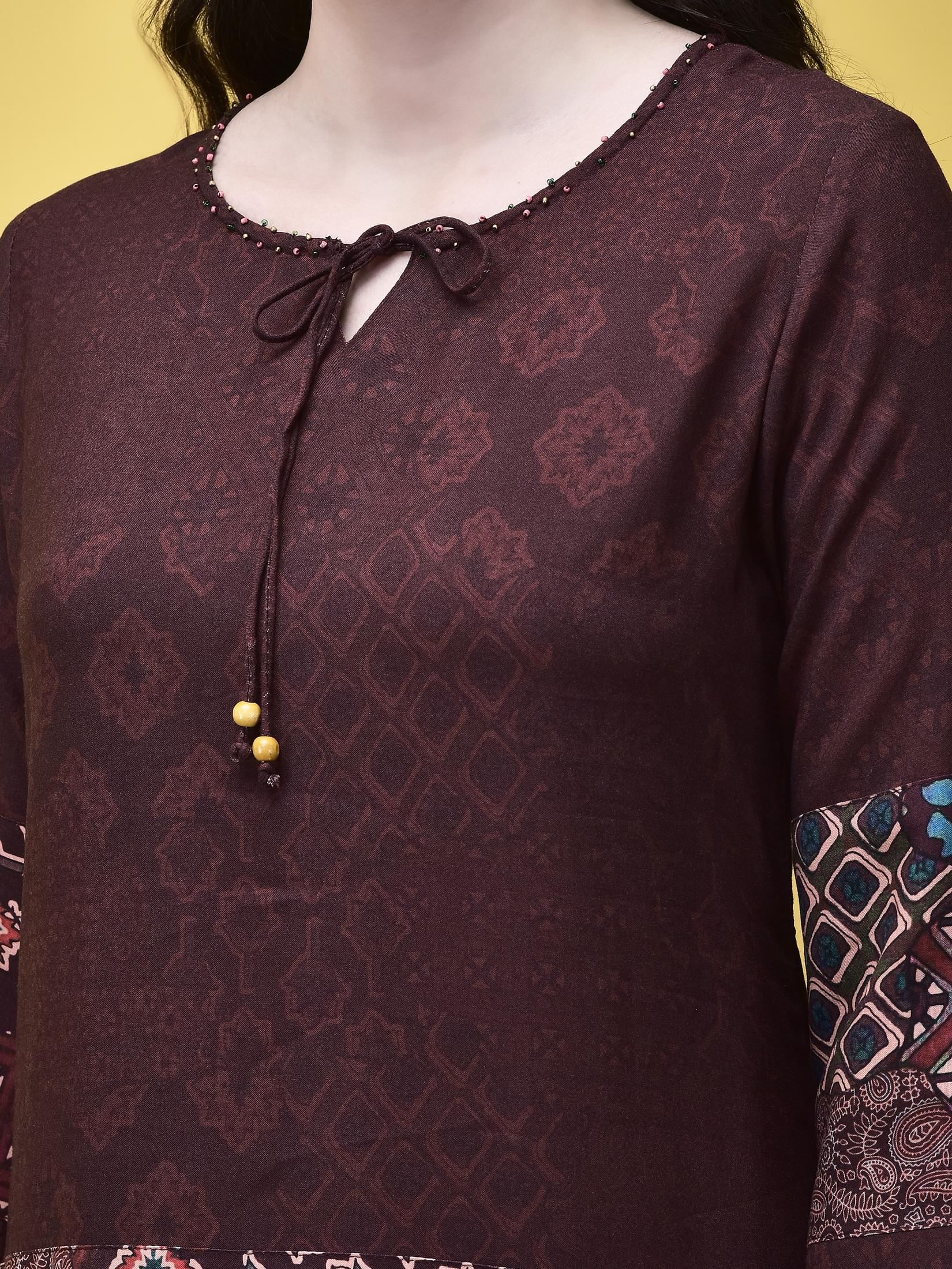 Women Liva Maroon Ajrakh Print Co-Ord Set.