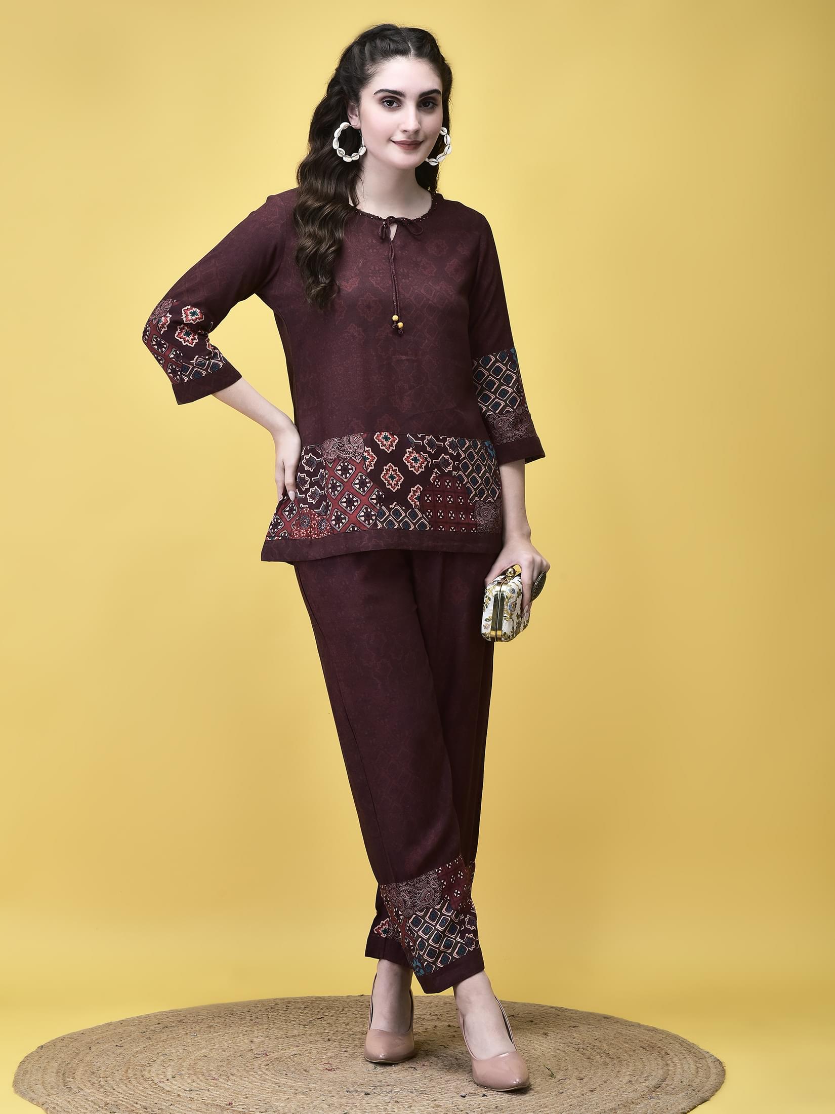 Women Liva Maroon Ajrakh Print Co-Ord Set.