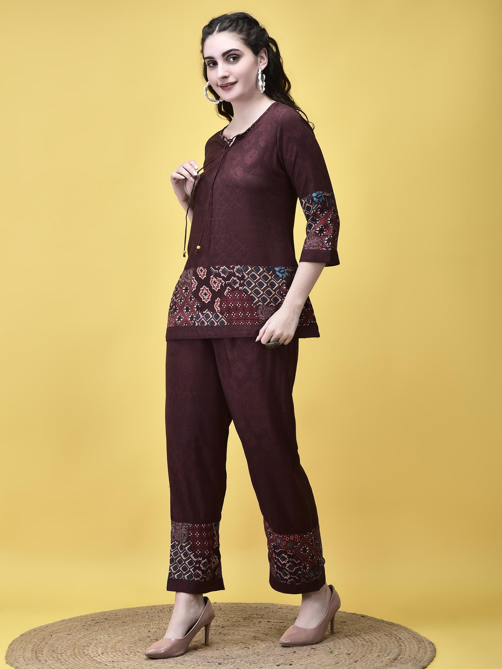 Women Liva Maroon Ajrakh Print Co-Ord Set.