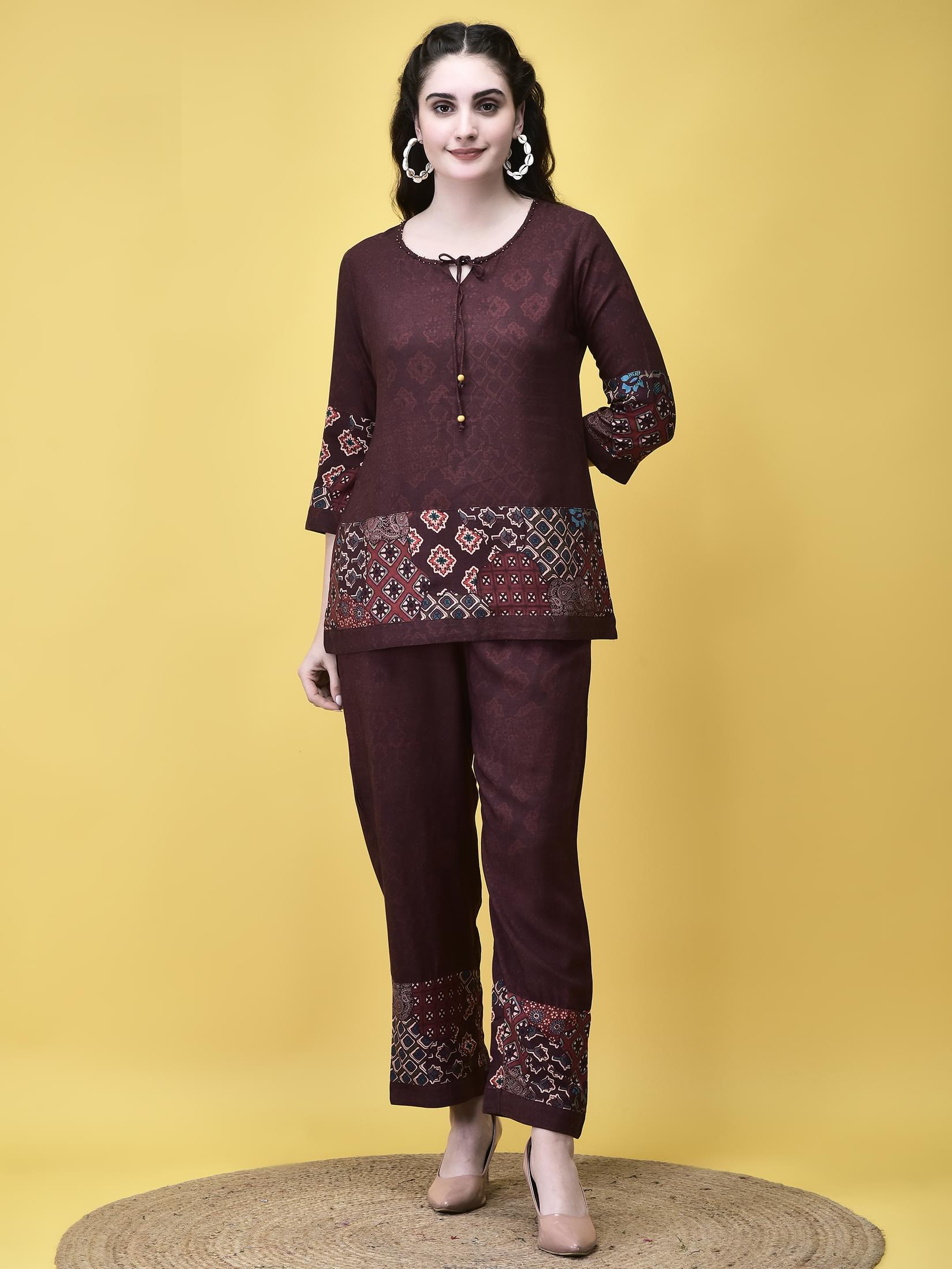 Women Liva Maroon Ajrakh Print Co-Ord Set.