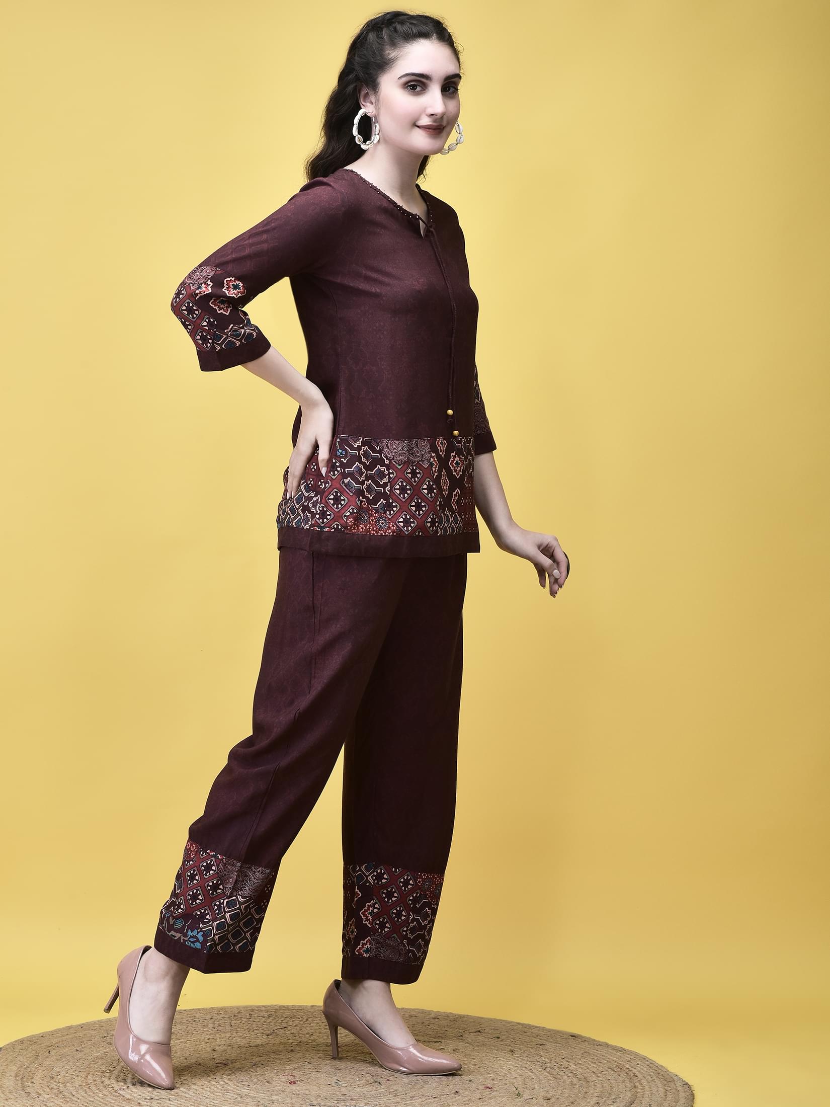 Women Liva Maroon Ajrakh Print Co-Ord Set.