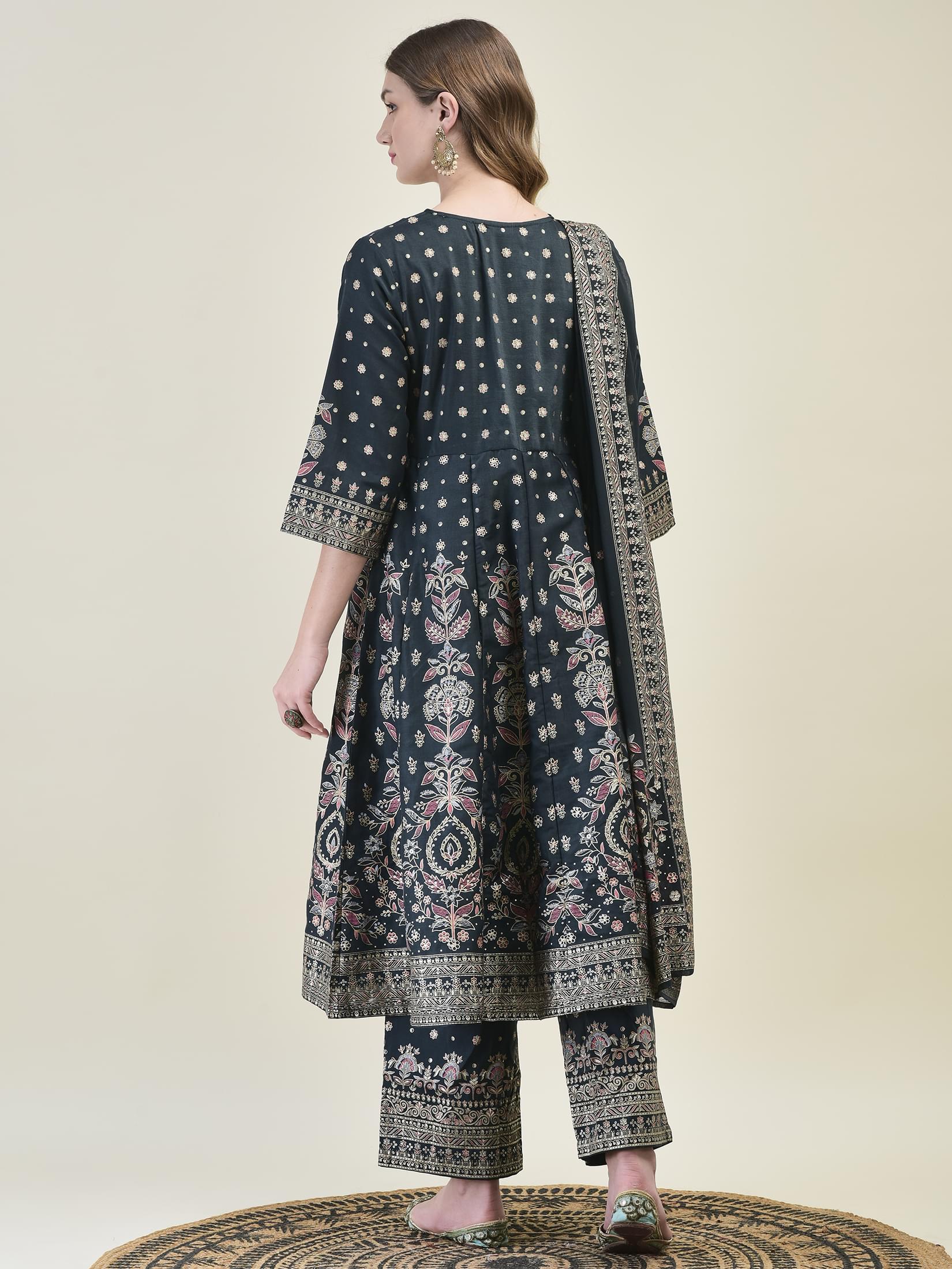 Women Liva Samaira Grey Ornamental Print Kurta Comfort Pant Dupatta.
