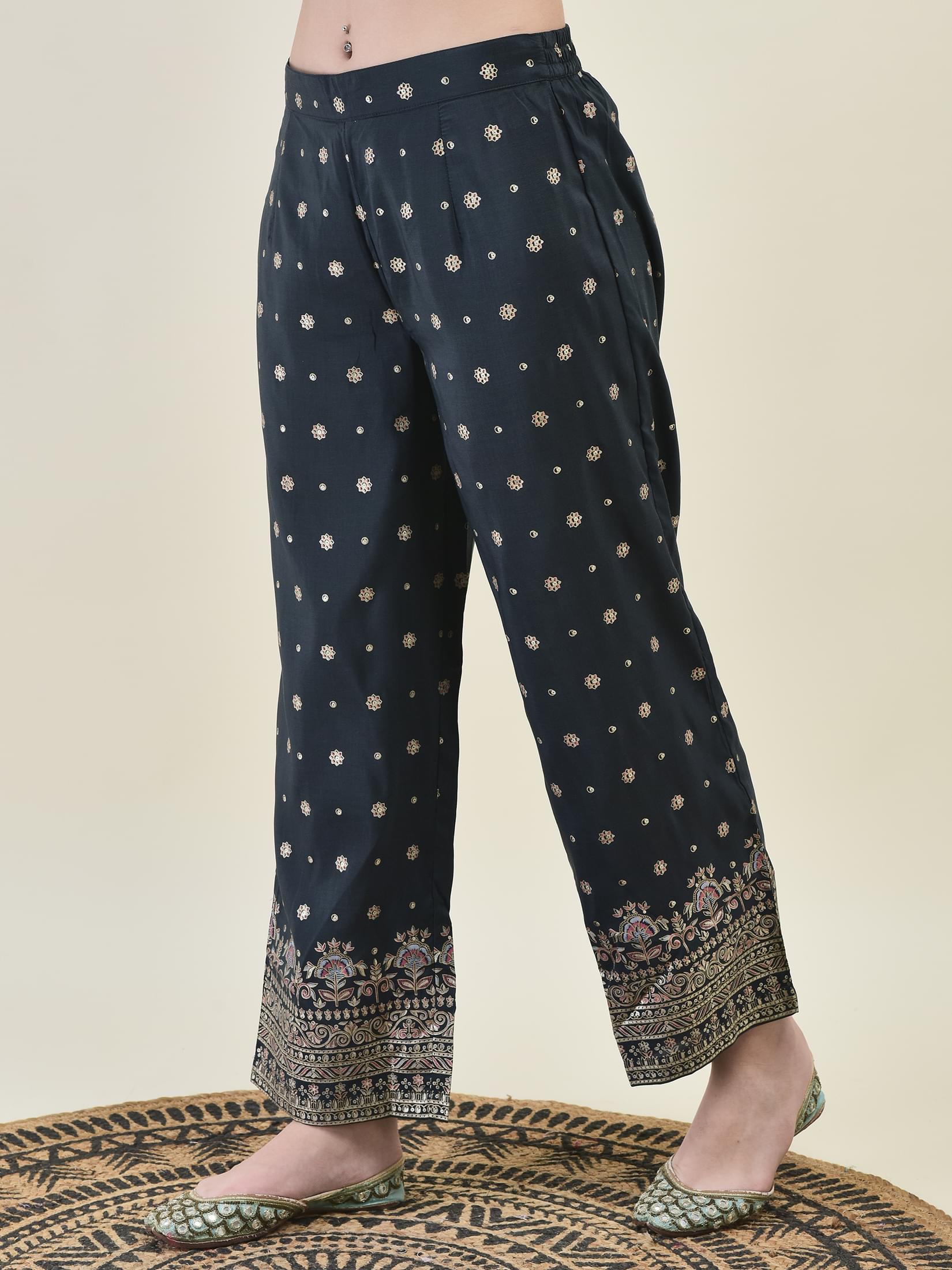 Women Liva Samaira Grey Ornamental Print Kurta Comfort Pant Dupatta.