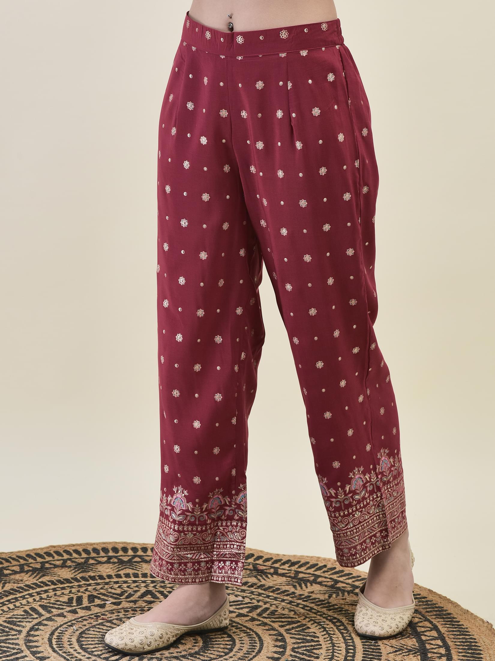Women Liva Samaira Magenta Ornamental Print Kurta Comfort Pant Dupatta.