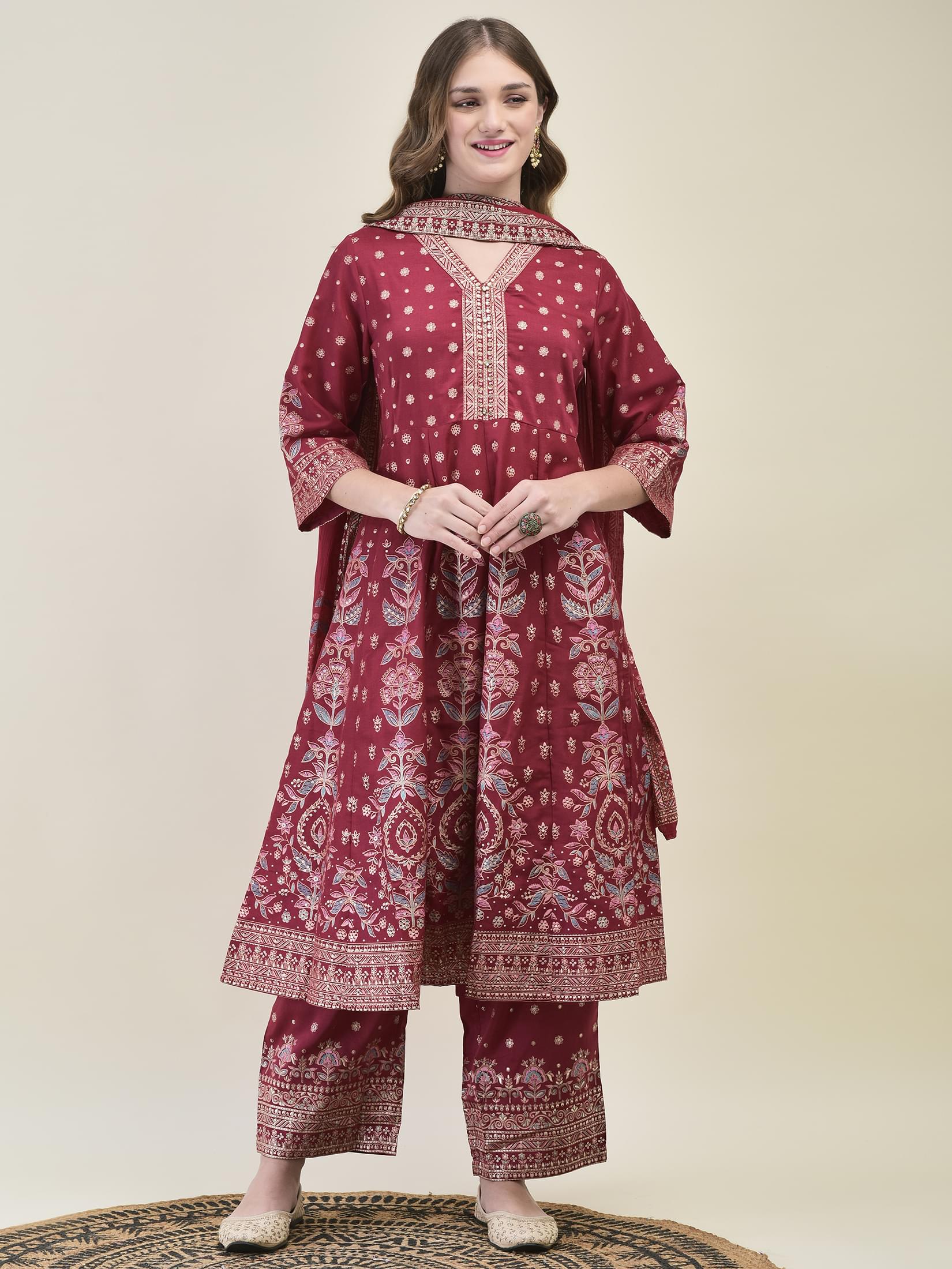Women Liva Samaira Magenta Ornamental Print Kurta Comfort Pant Dupatta.