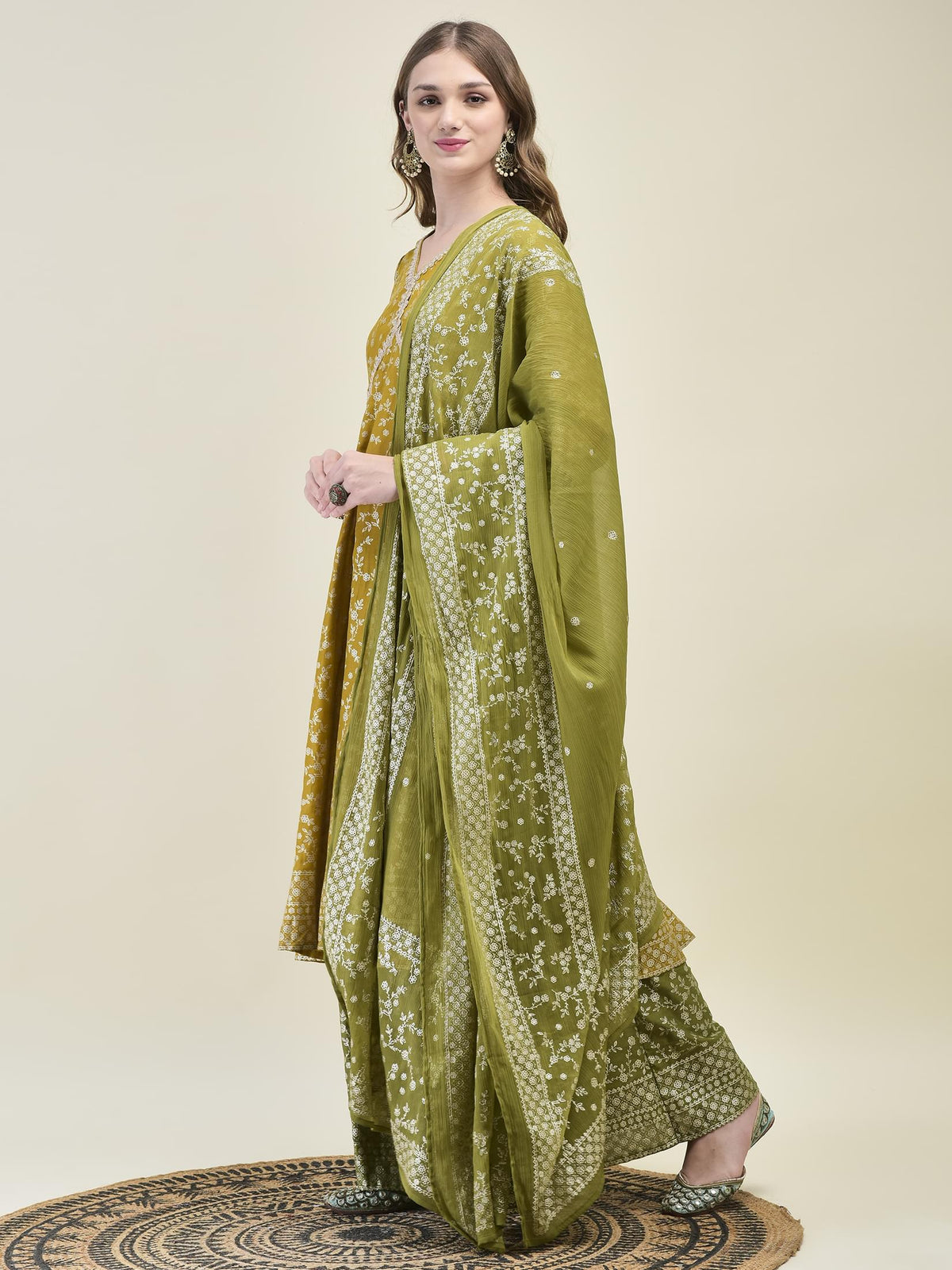 Women Liva Samaira Mustard Floral Print Kurta Split Pant Dupatta.
