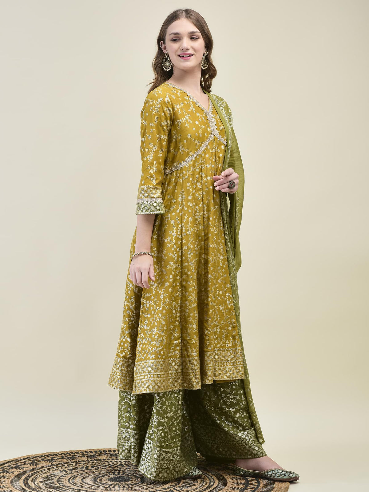Women Liva Samaira Mustard Floral Print Kurta Split Pant Dupatta.