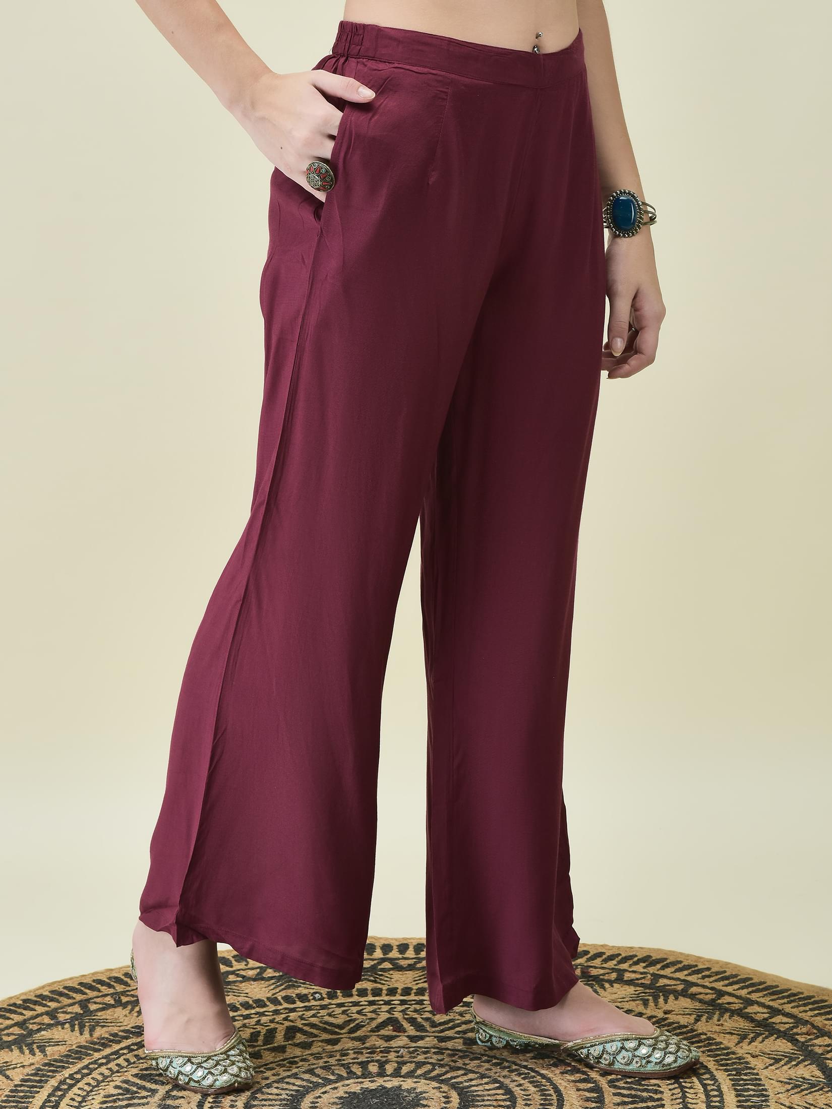 Women Crepe Burgundy Paisley Print Kurta Bell Bottom Pant Dupatta.