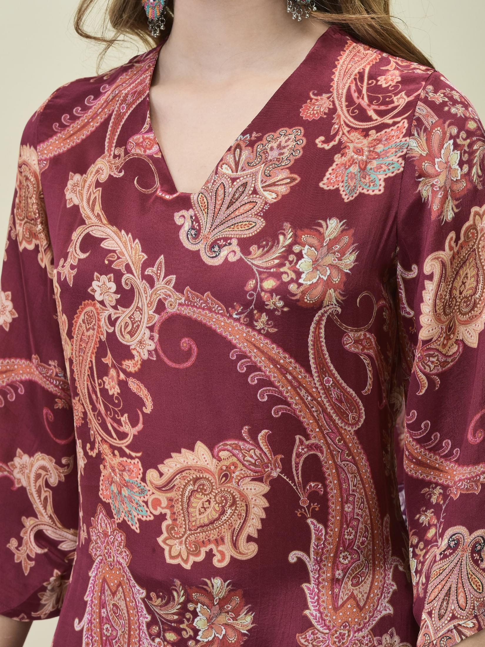 Women Crepe Burgundy Paisley Print Kurta Bell Bottom Pant Dupatta.