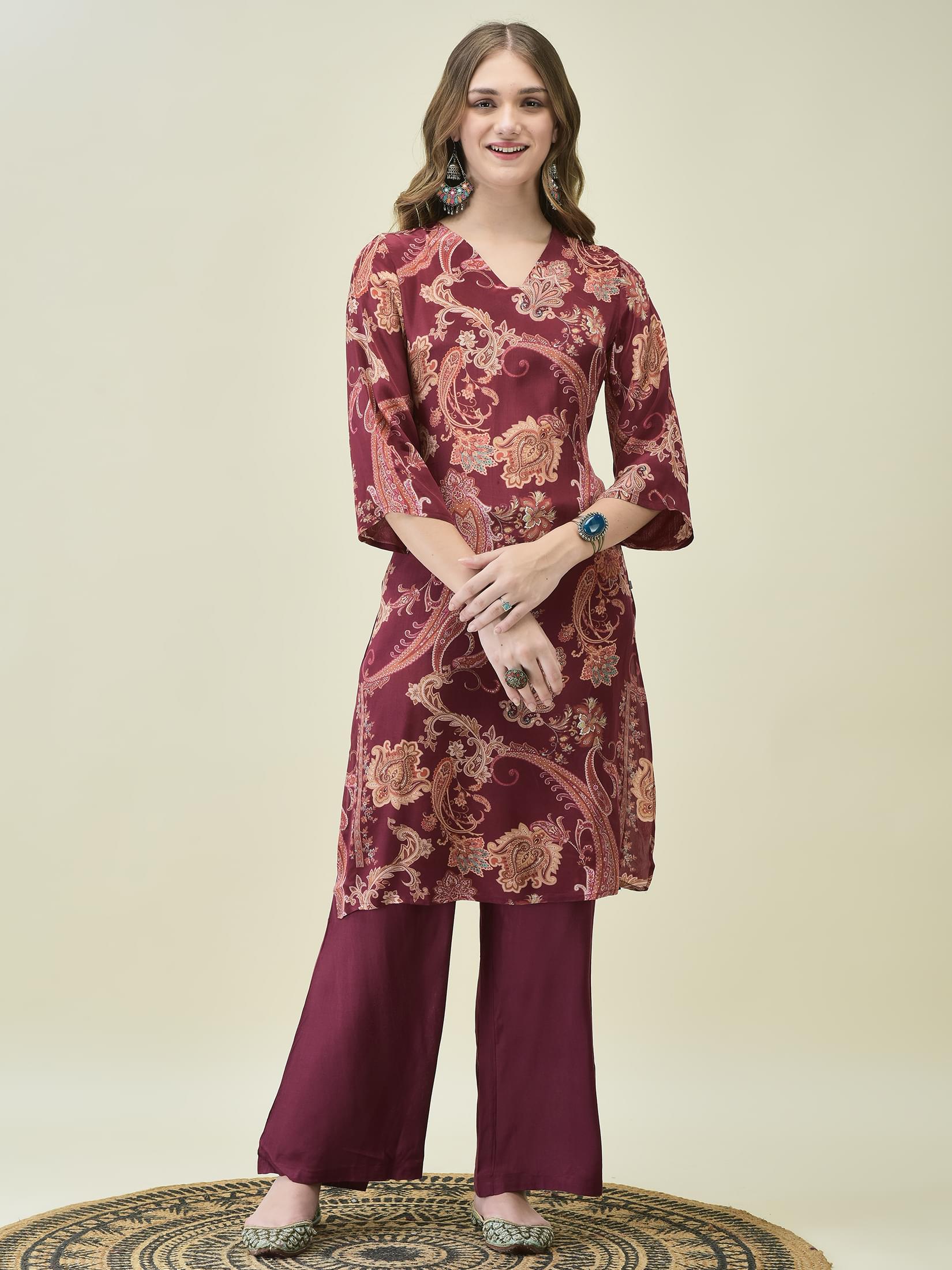 Women Crepe Burgundy Paisley Print Kurta Bell Bottom Pant Dupatta.