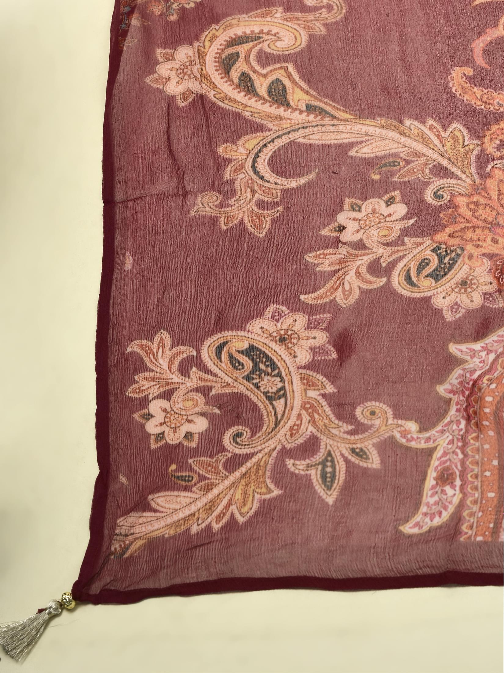 Women Crepe Burgundy Paisley Print Kurta Bell Bottom Pant Dupatta.