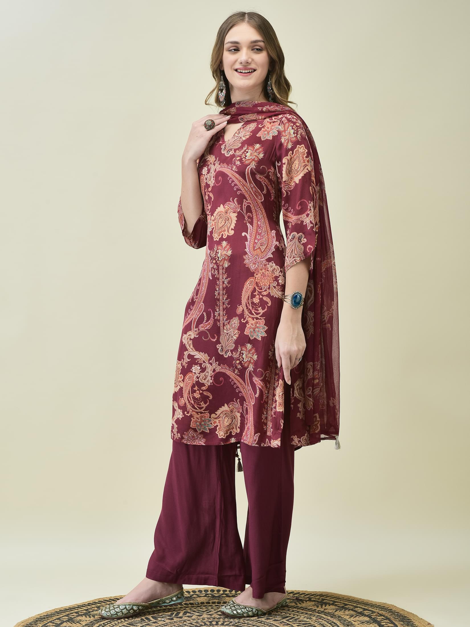 Women Crepe Burgundy Paisley Print Kurta Bell Bottom Pant Dupatta.