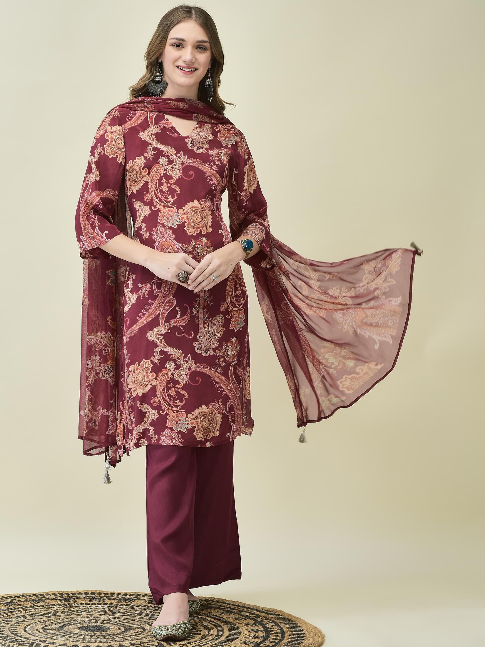Women Crepe Burgundy Paisley Print Kurta Bell Bottom Pant Dupatta.