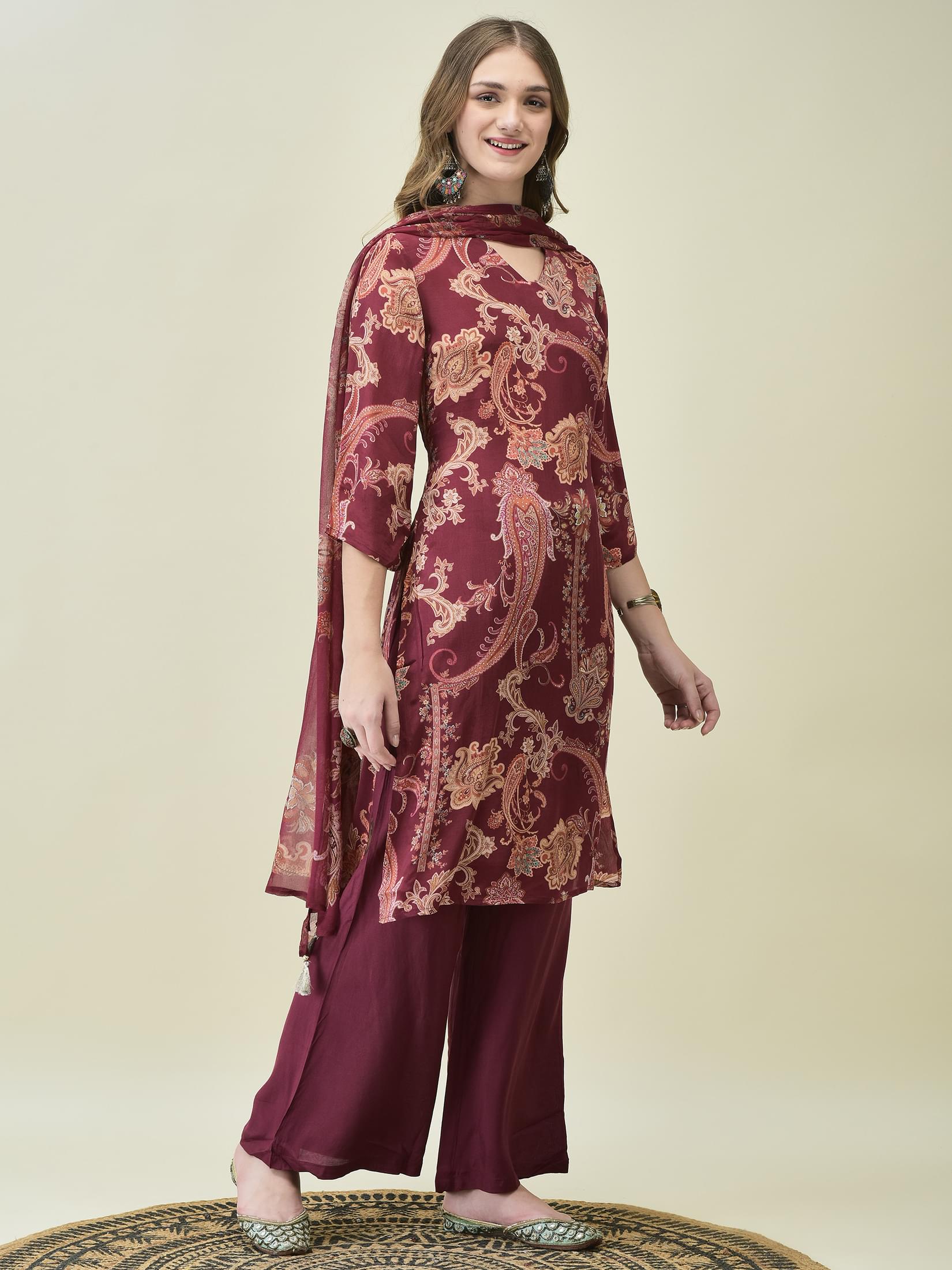 Women Crepe Burgundy Paisley Print Kurta Bell Bottom Pant Dupatta.