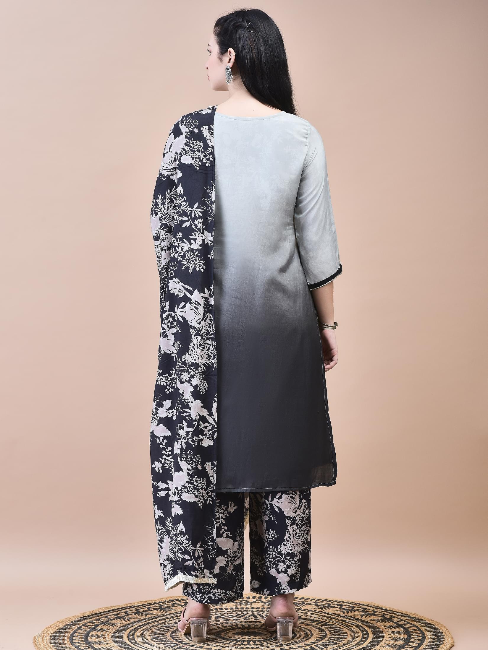 Women Muslin Grey Embroidered Kurta Comfort Pant Dupatta.