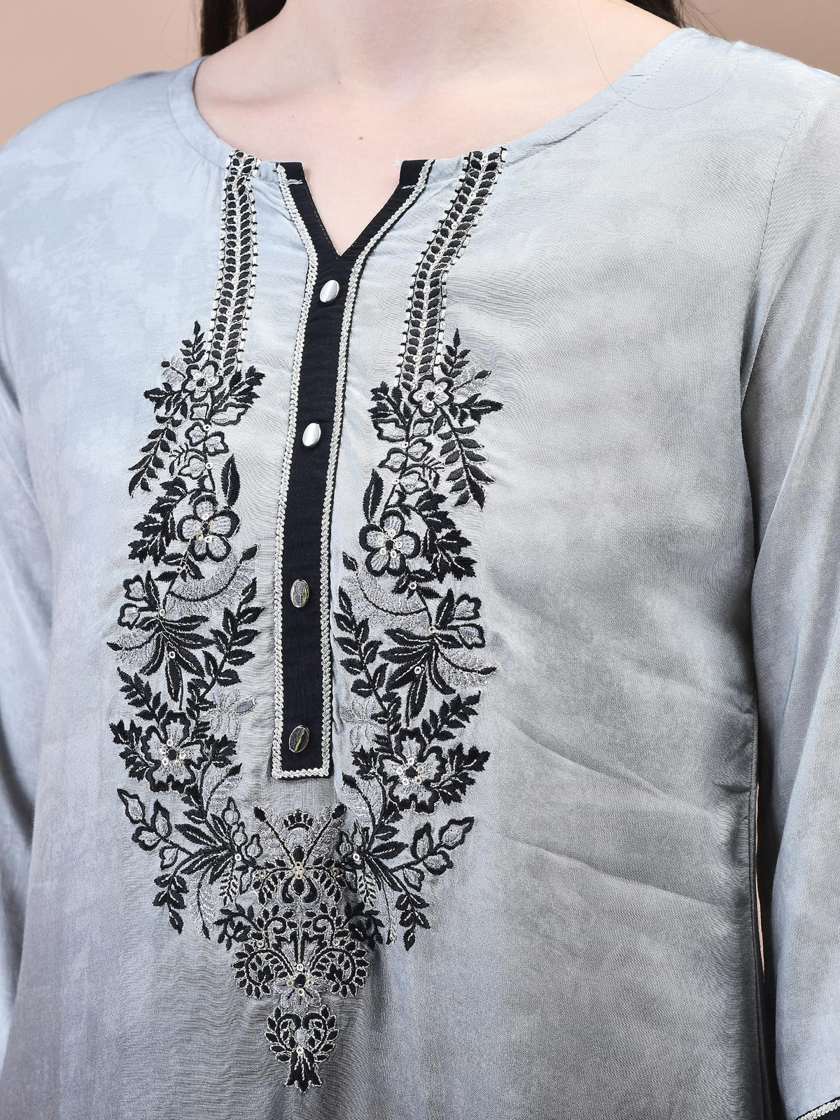 Women Muslin Grey Embroidered Kurta Comfort Pant Dupatta.