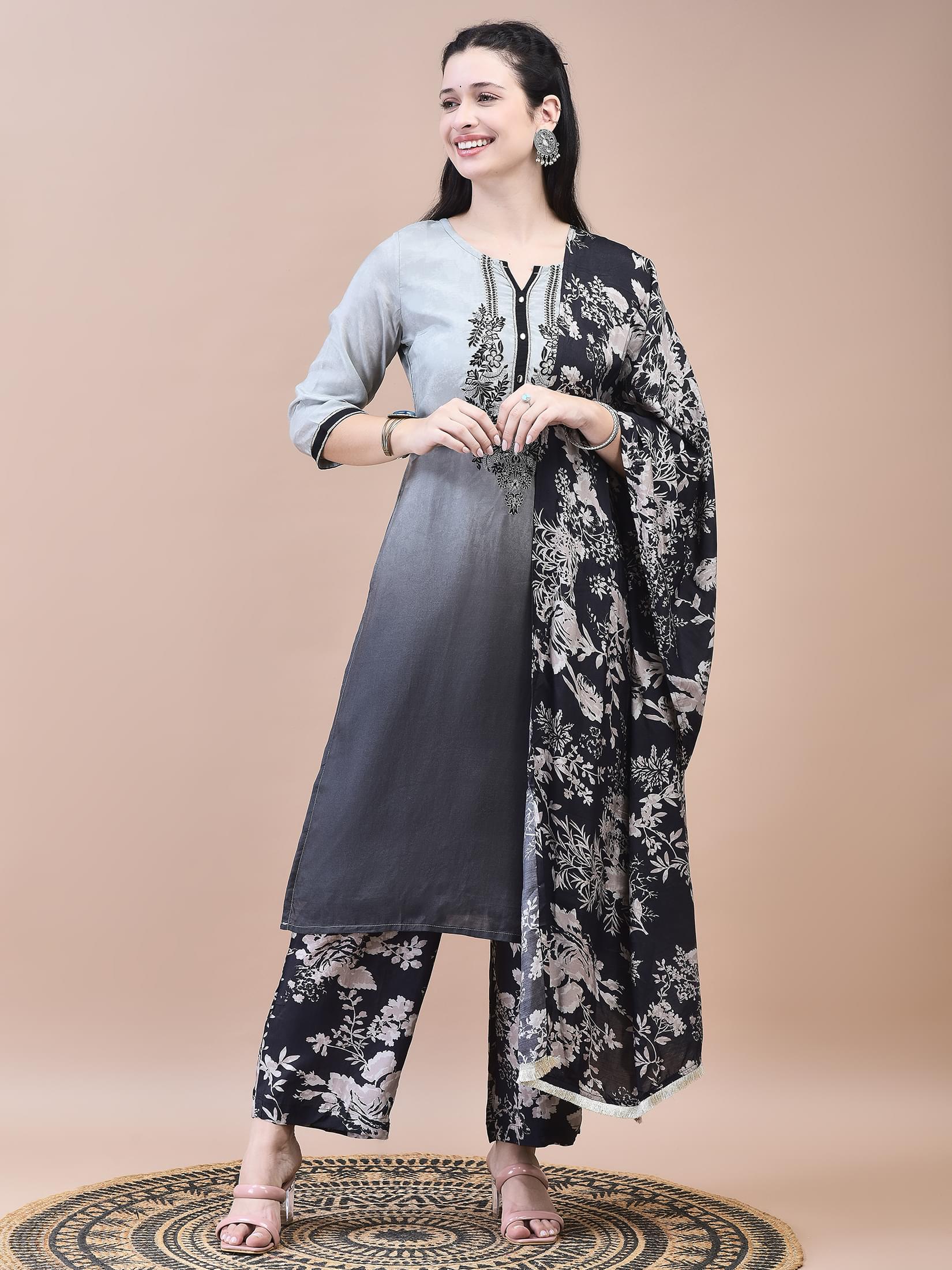 Women Muslin Grey Embroidered Kurta Comfort Pant Dupatta.