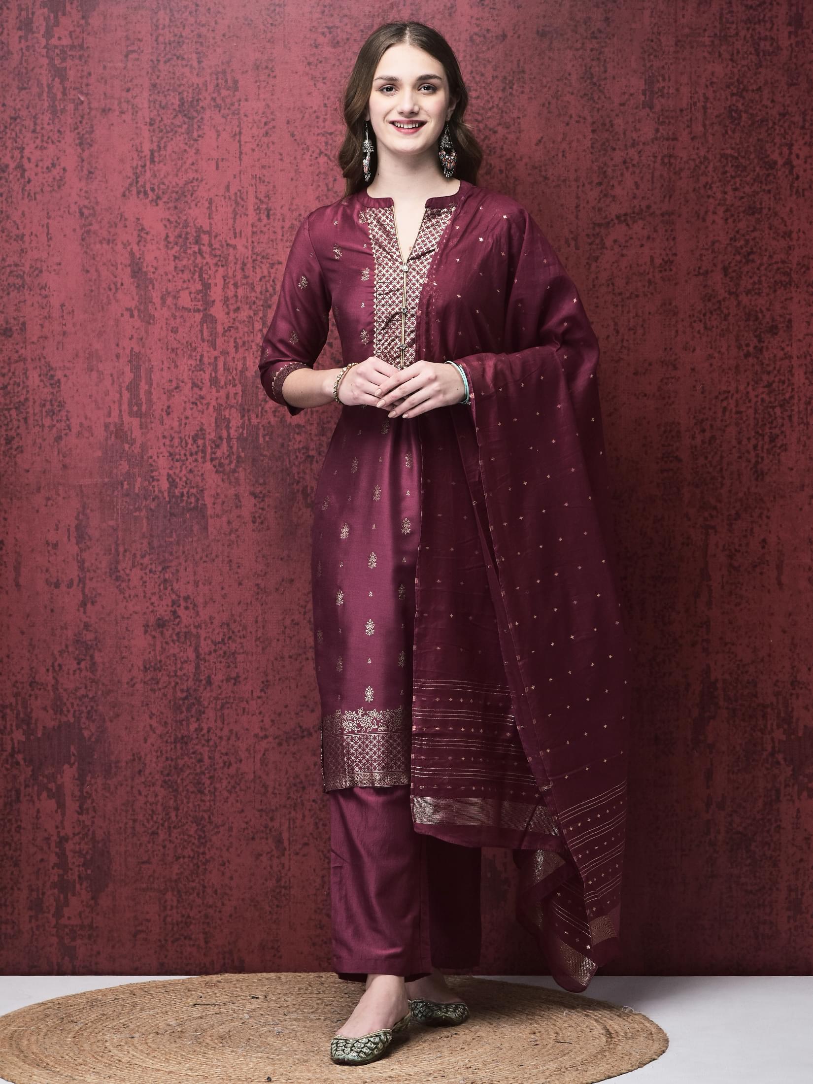 Burgundy wine premium foil design print Liva viscose comfortable regular fit suit