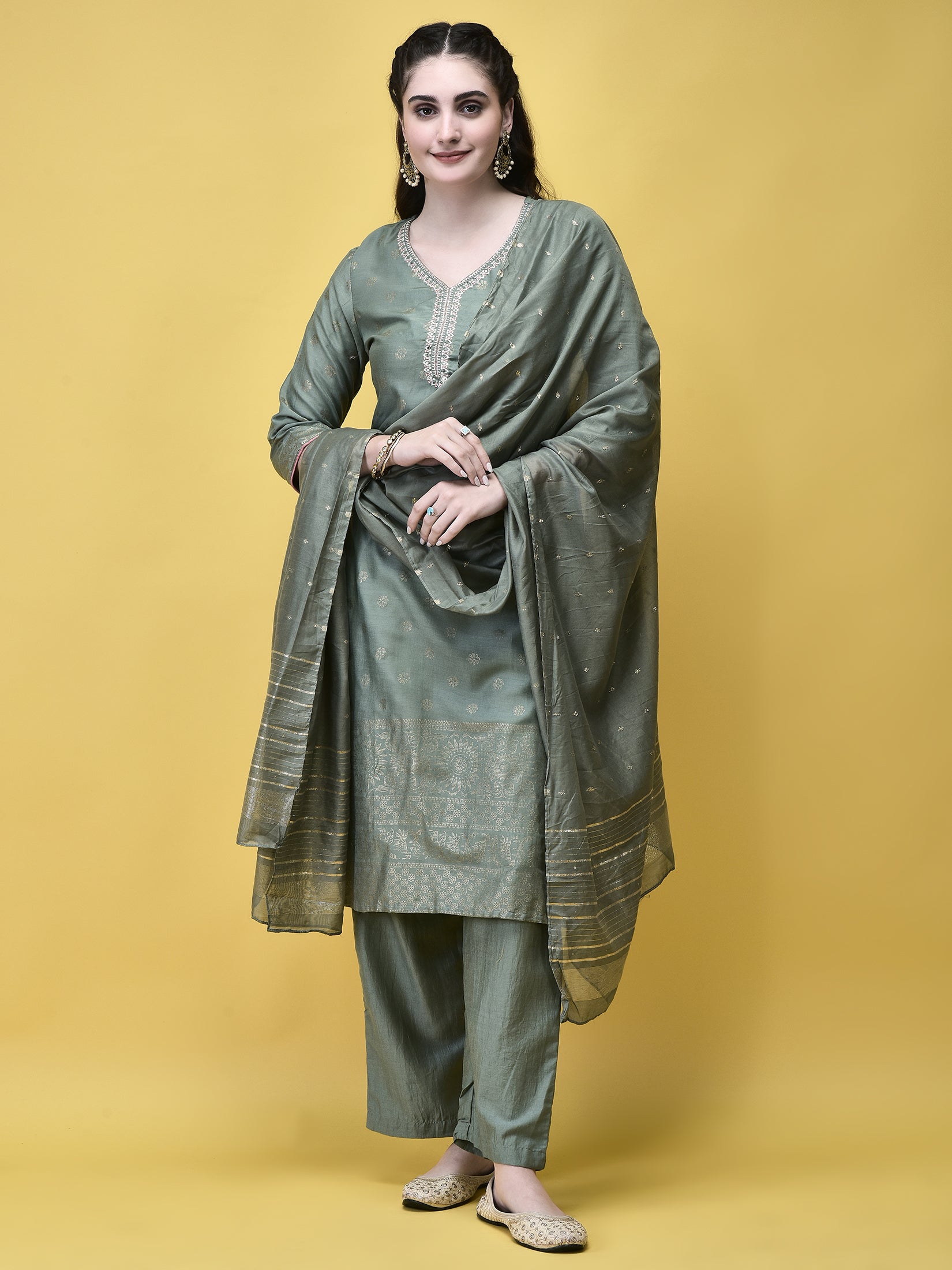 Winter Women Velvet Teal Embroidered Kurta Comfort Pant Dupatta