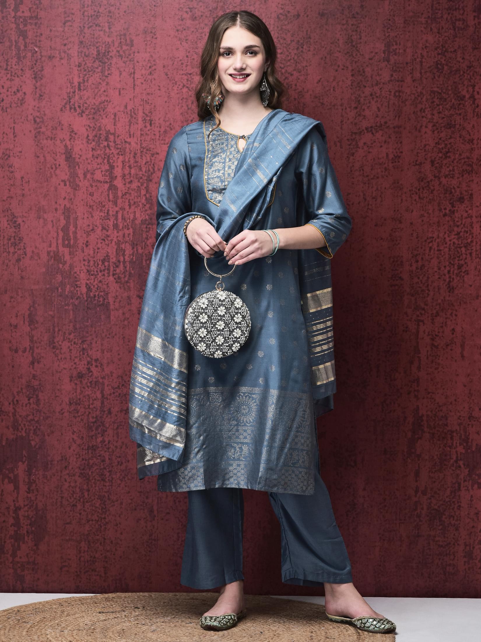 Sapphire blue minimal foil accent print Liva fabric casual wear straight line suit