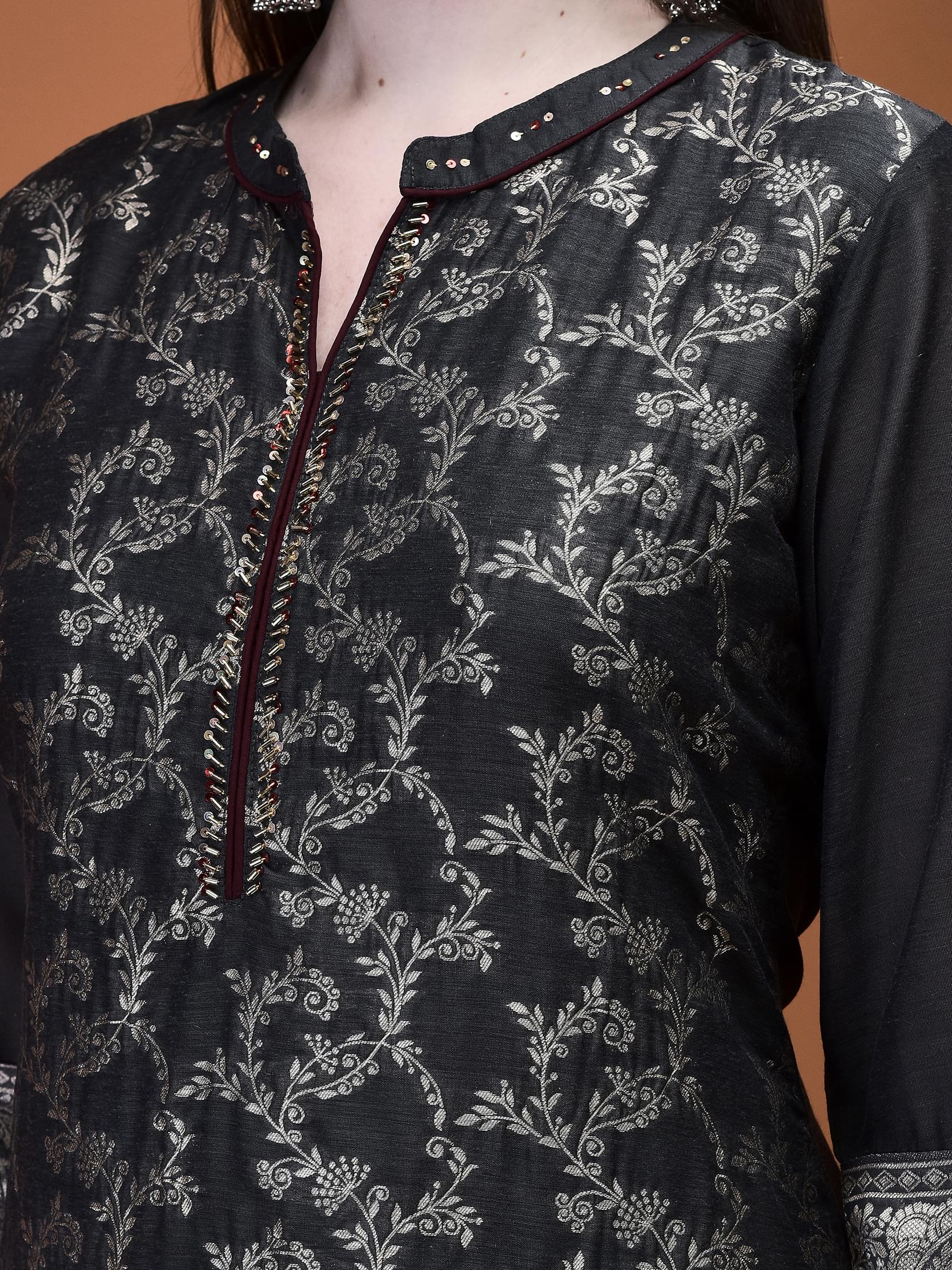 Women Jacquard Grey Woven Kurta With Comfort Pant.