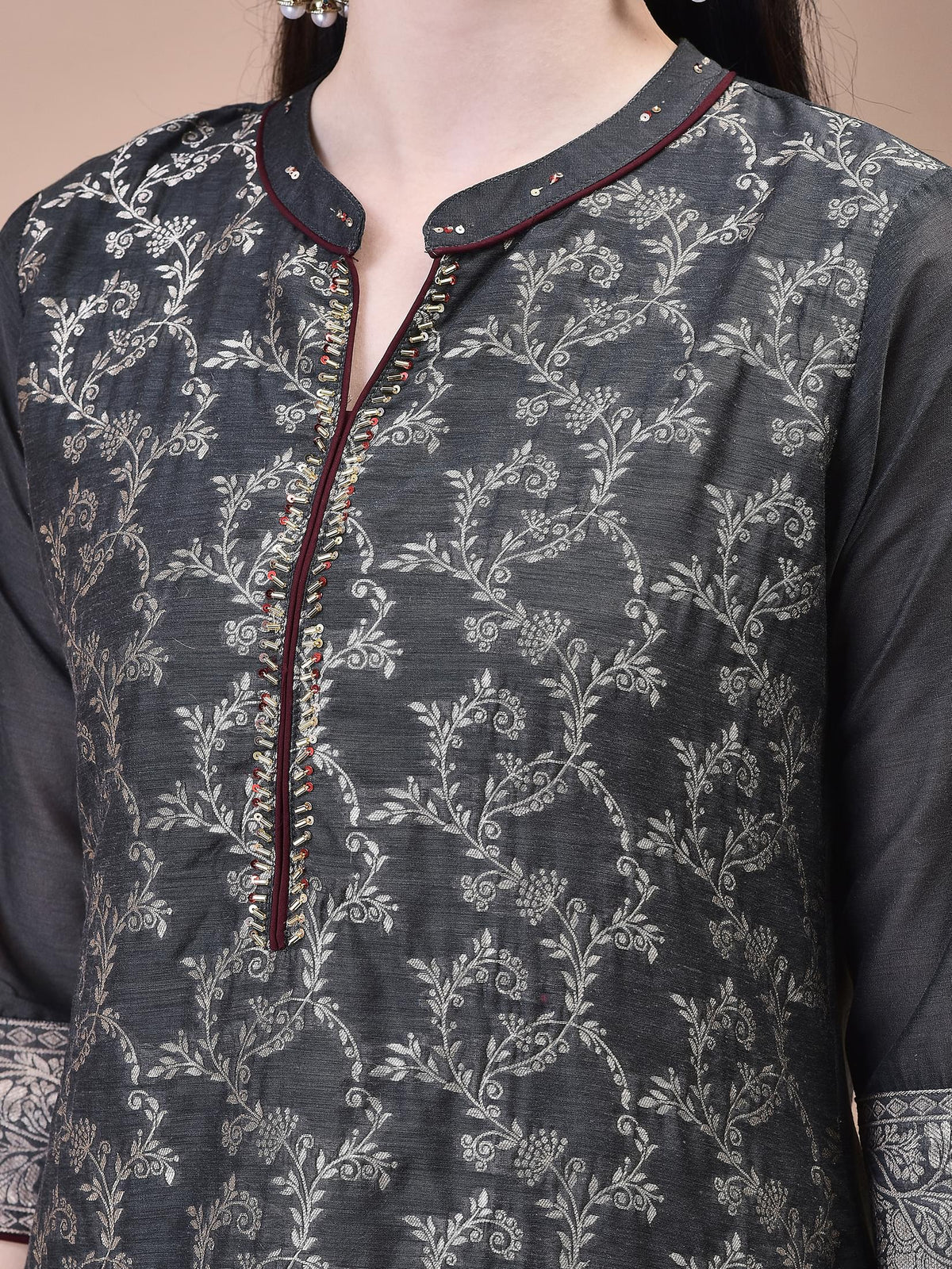 Women Jacquard Grey Woven Kurta Comfort Pant Dupatta.