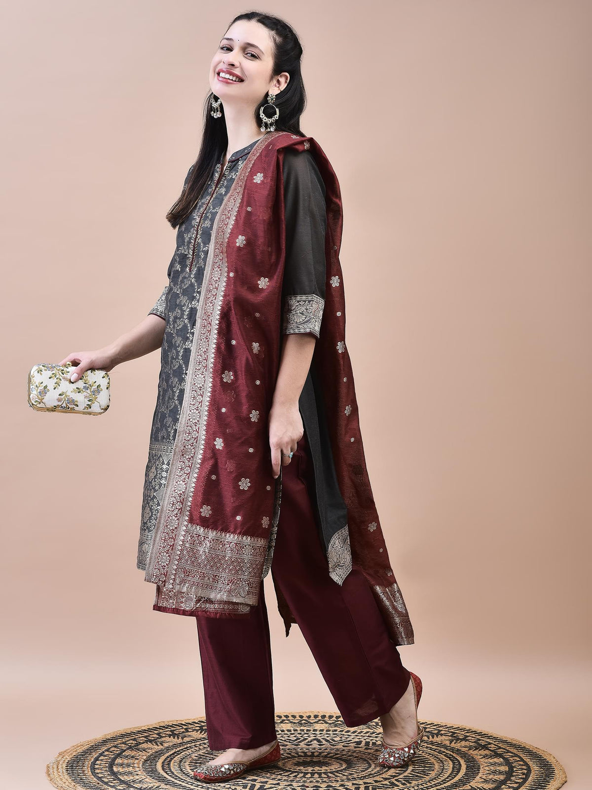 Women Jacquard Grey Woven Kurta Comfort Pant Dupatta.