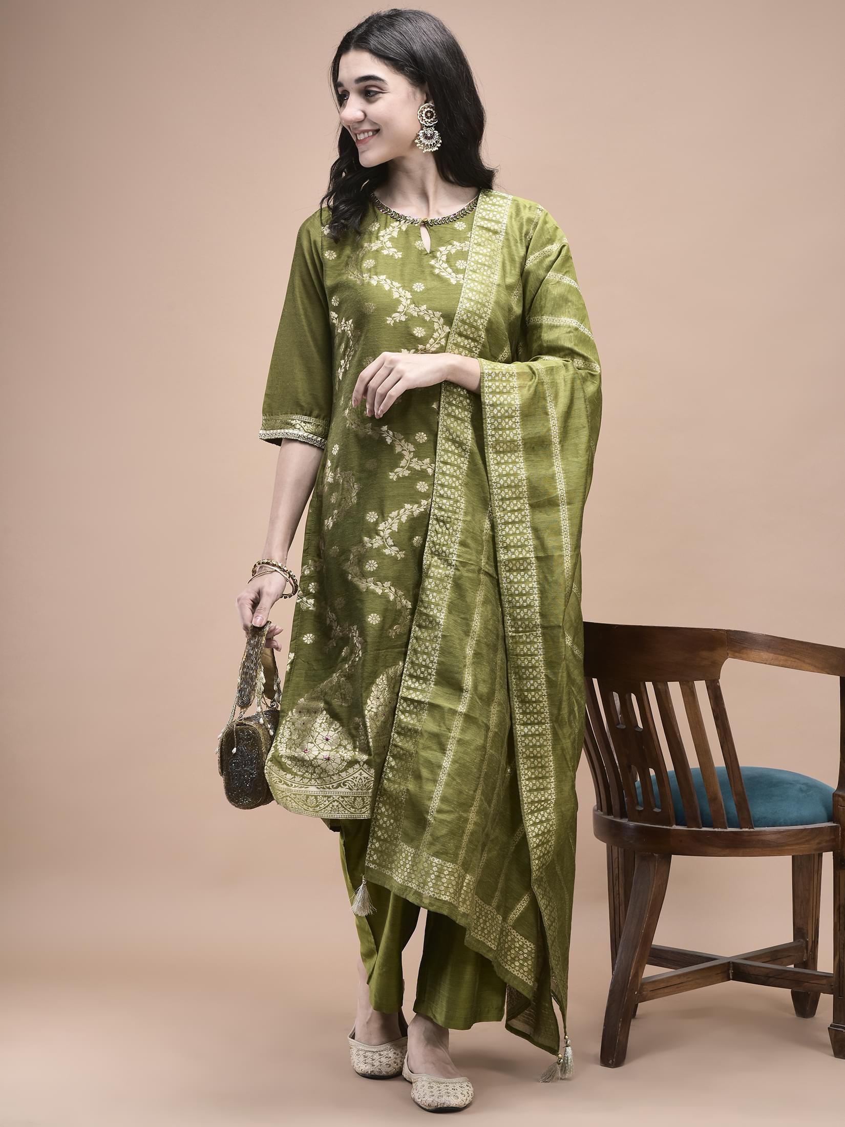 Emerald green woven jacquard classic kurta comfort pant set with dupatta