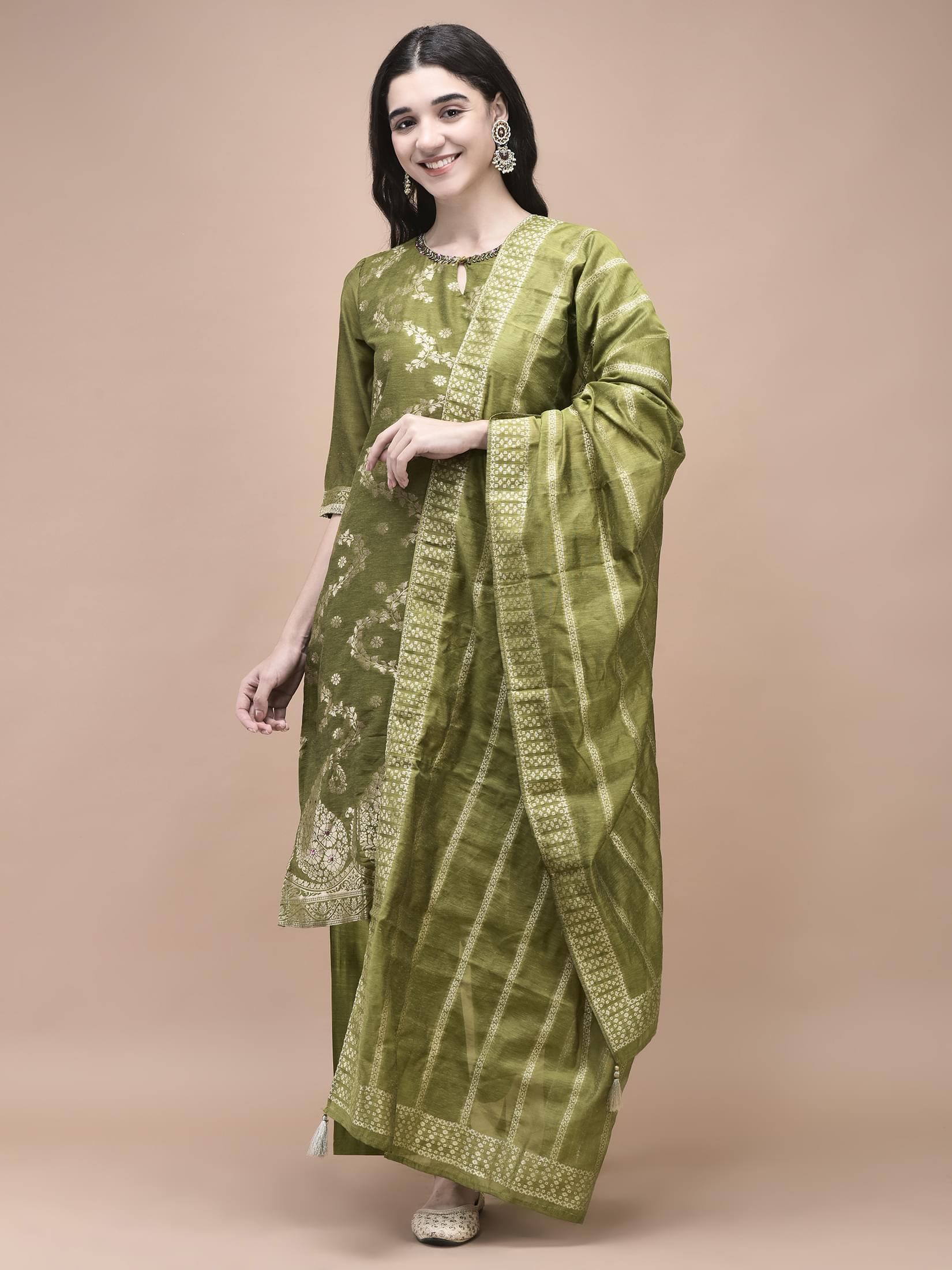 Women Jacquard Green Woven Kurta Comfort pant Dupatta.