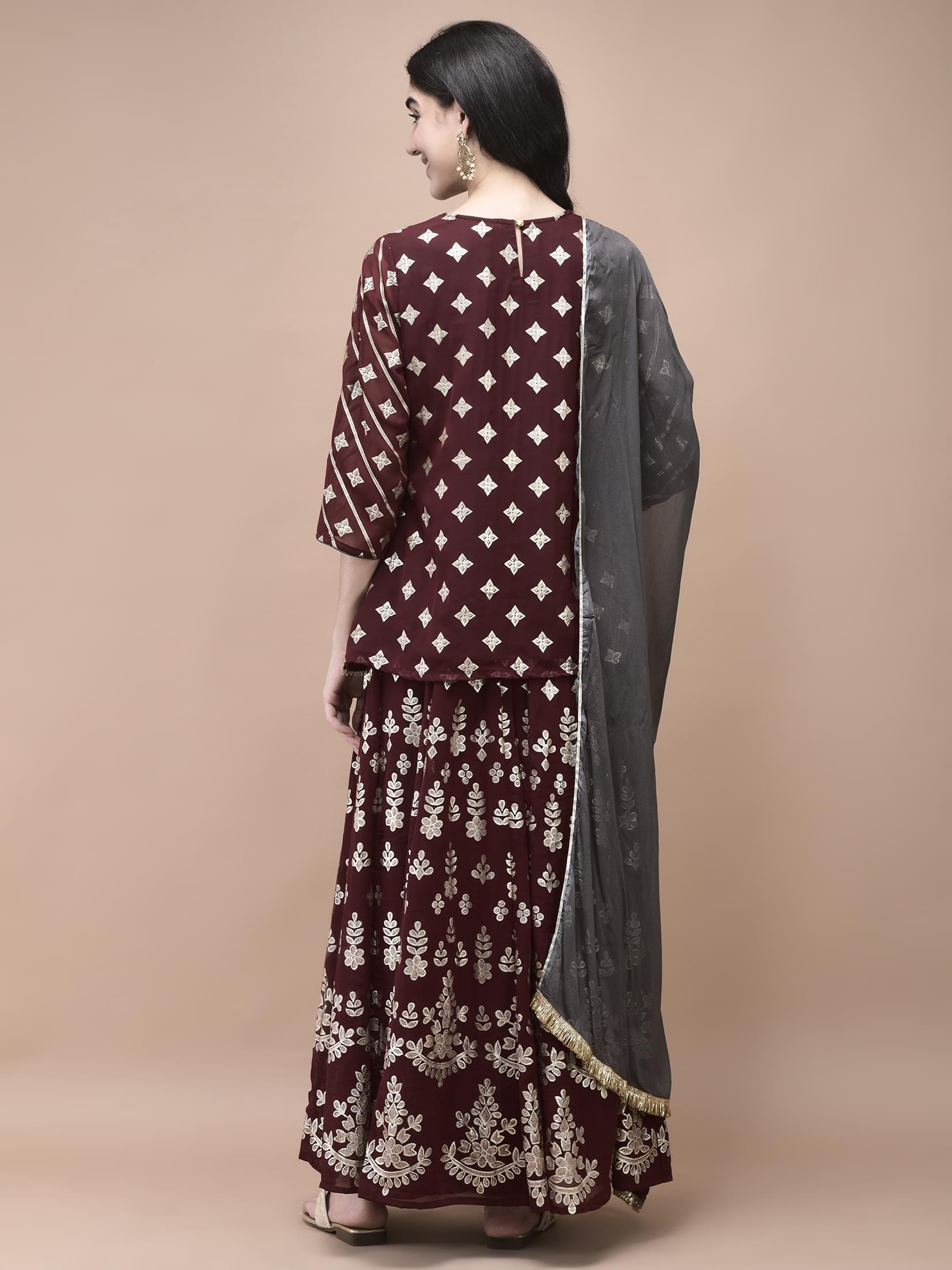 Women Georgette Maroon Foil Print Kurta Split Pant Dupatta.