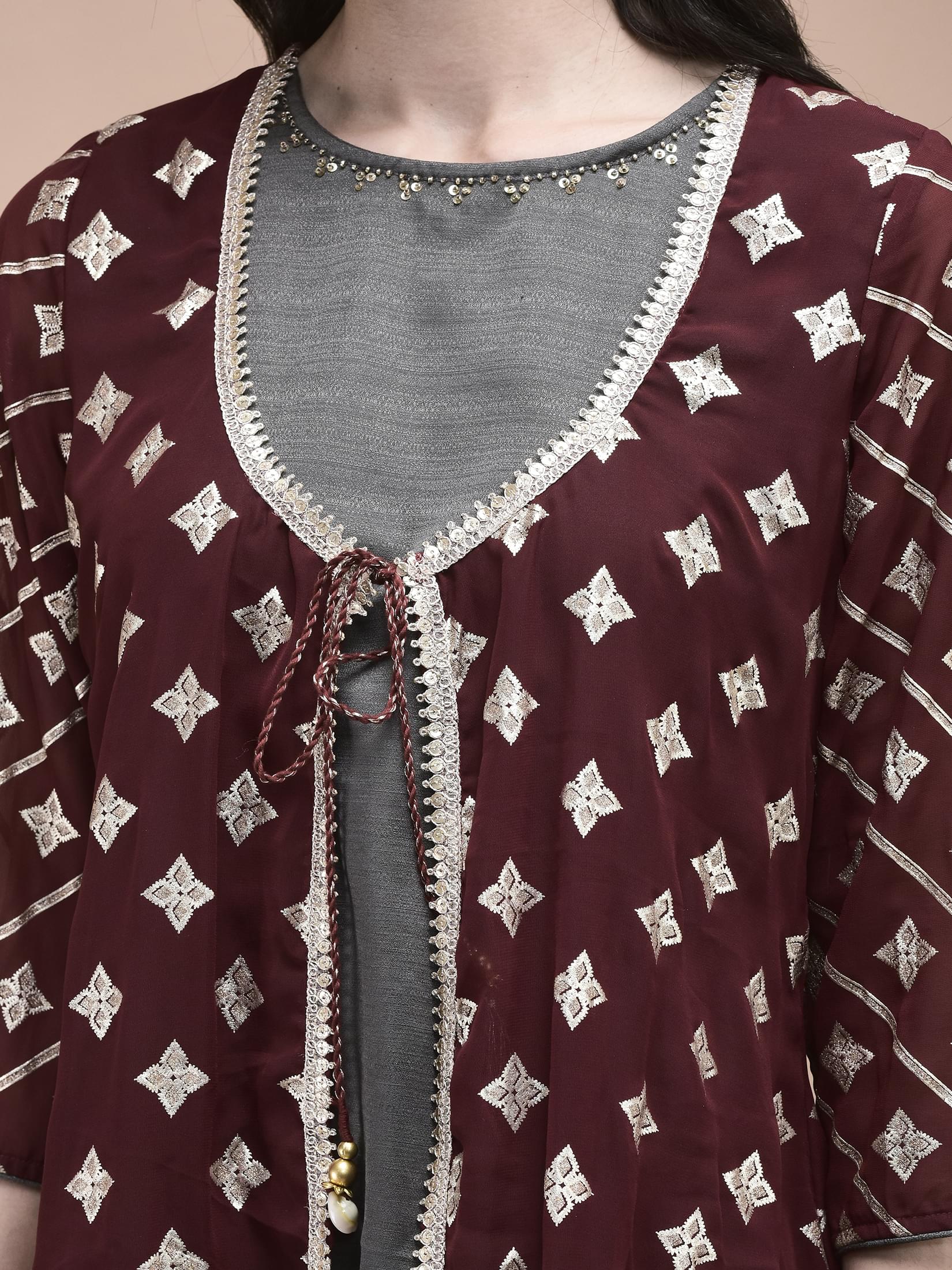 Women Georgette Maroon Foil Print Kurta Split Pant Dupatta.