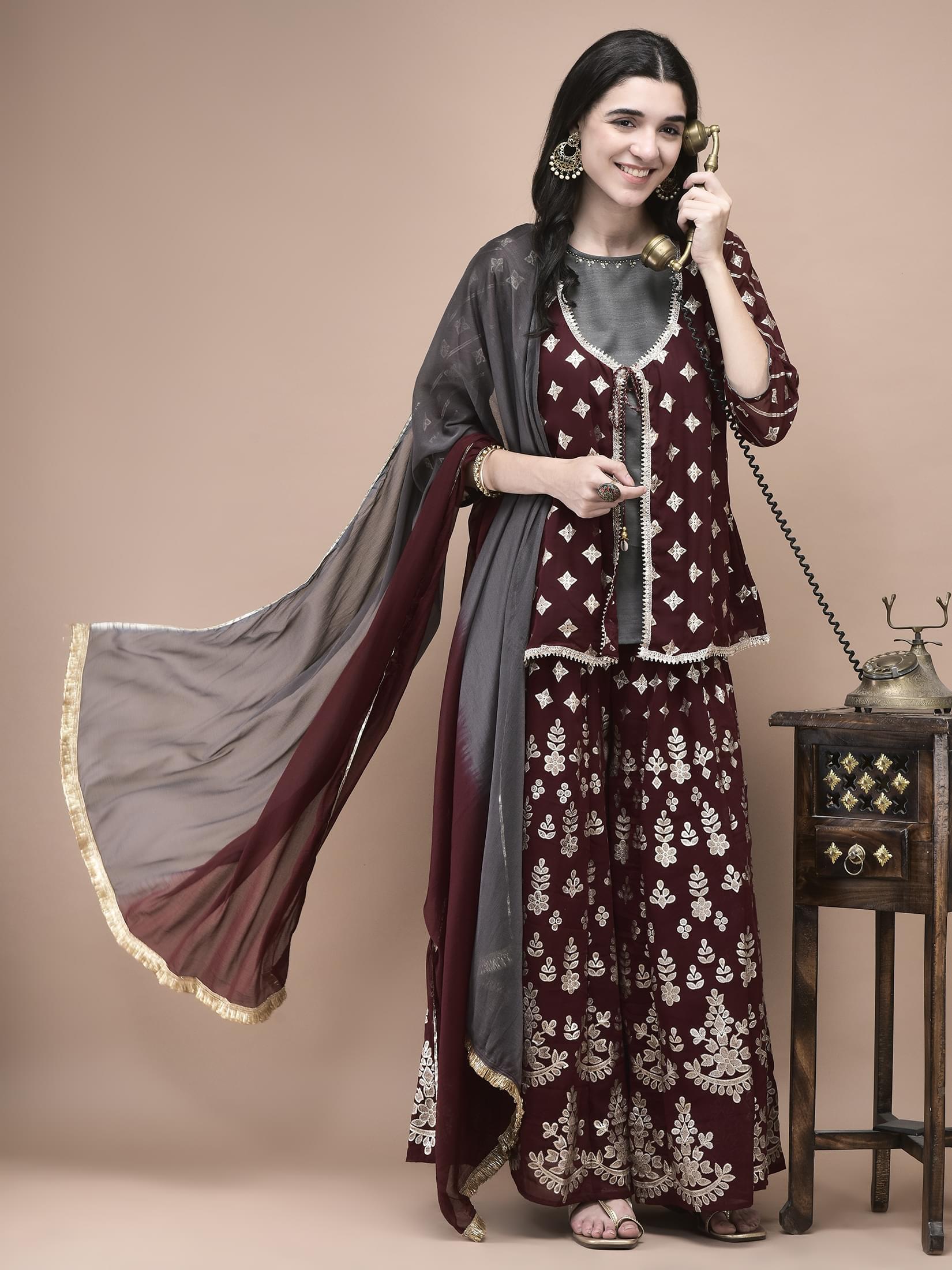 Maroon wine shimmering foil print georgette party wear split trouser suit byshree
