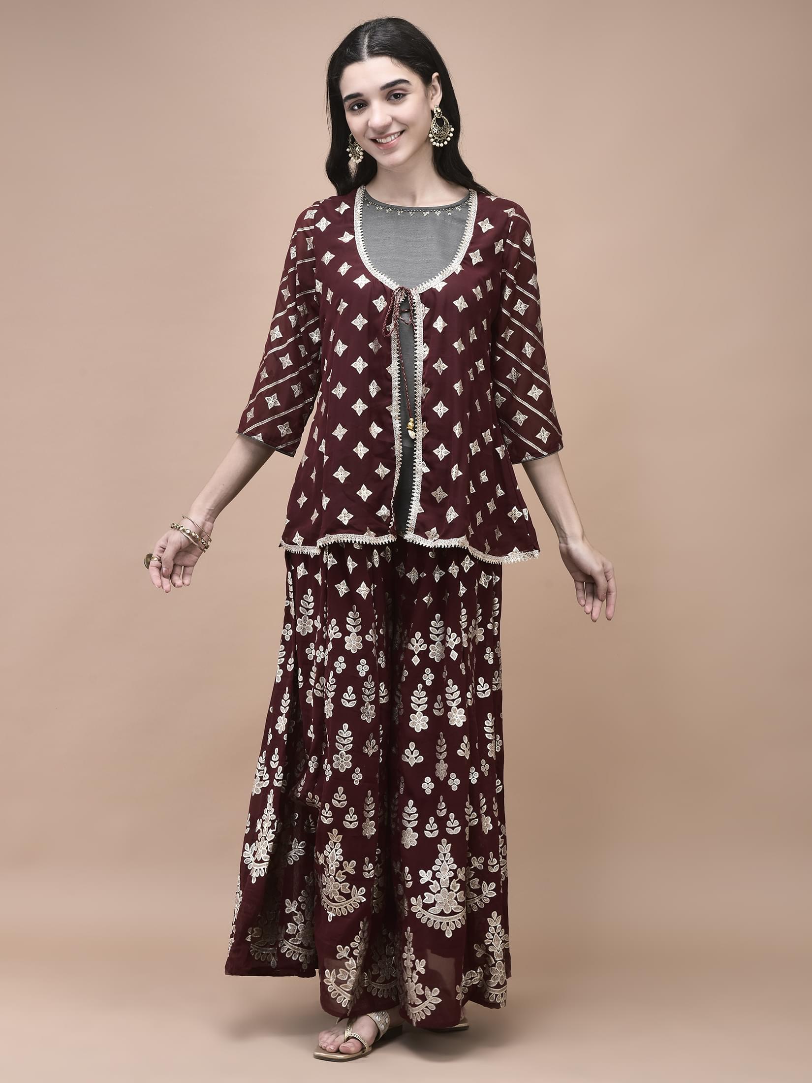 Women Georgette Maroon Foil Print Kurta Split Pant Dupatta.