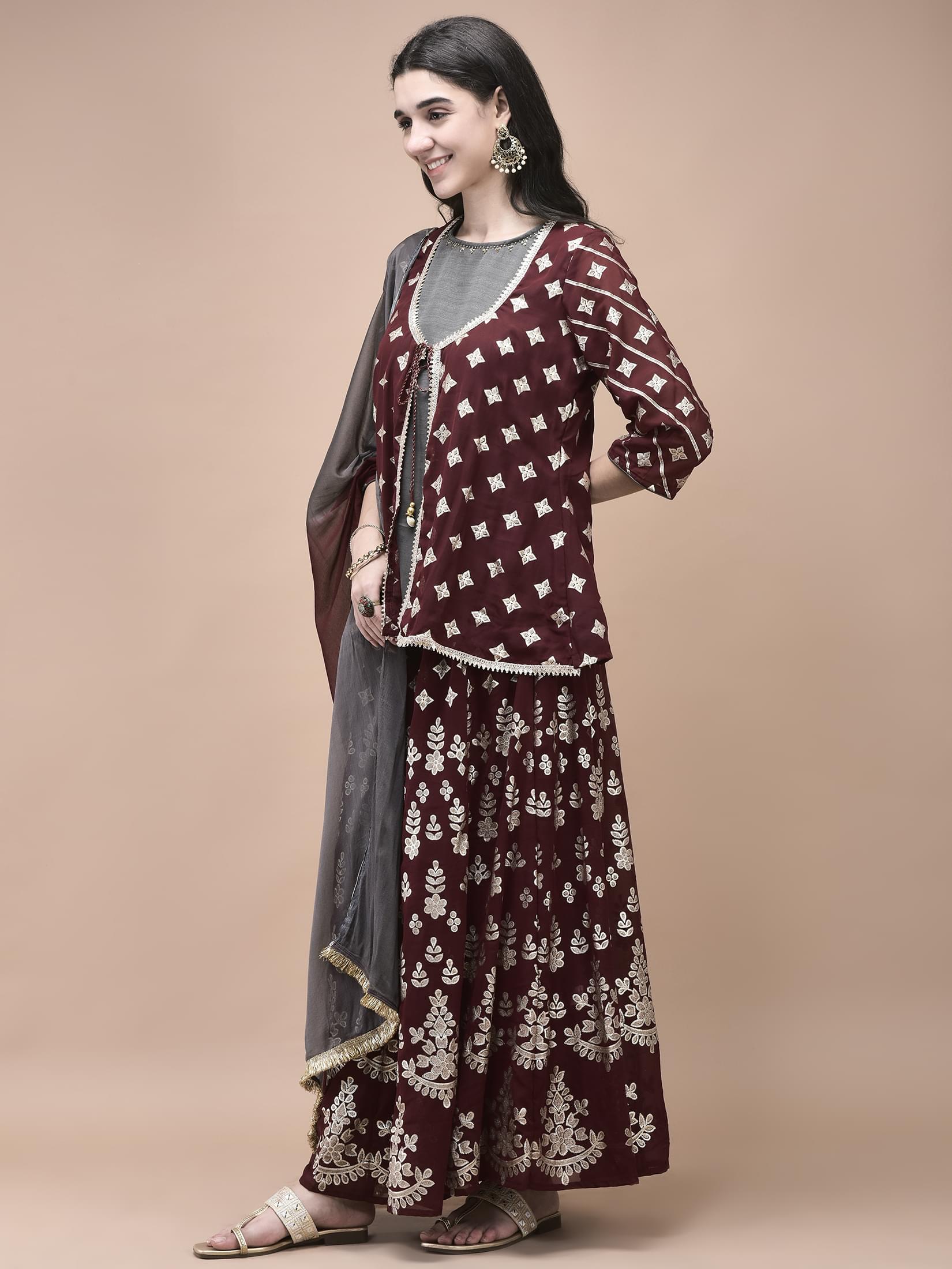 Women Georgette Maroon Foil Print Kurta Split Pant Dupatta.