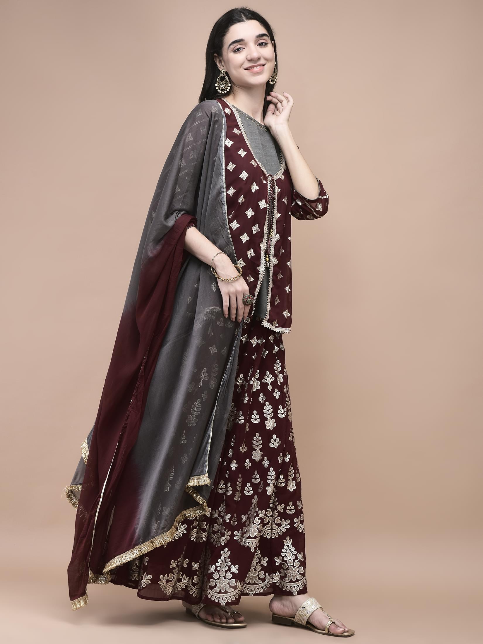 Women Georgette Maroon Foil Print Kurta Split Pant Dupatta.