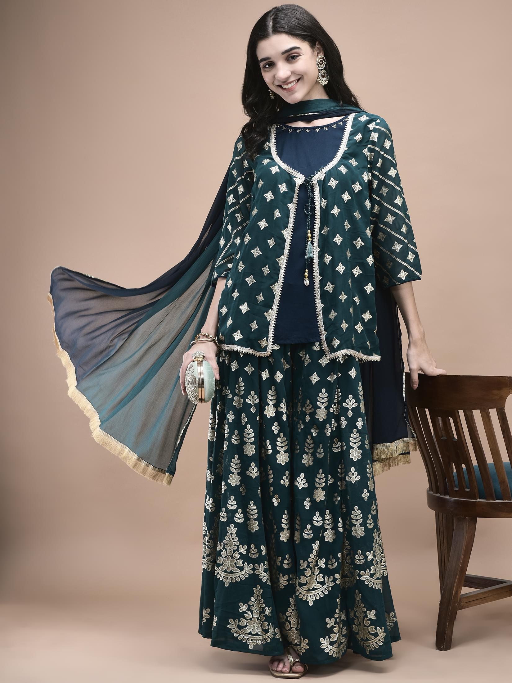 Deep teal blue metallic foil print georgette elegant festive wear split suit