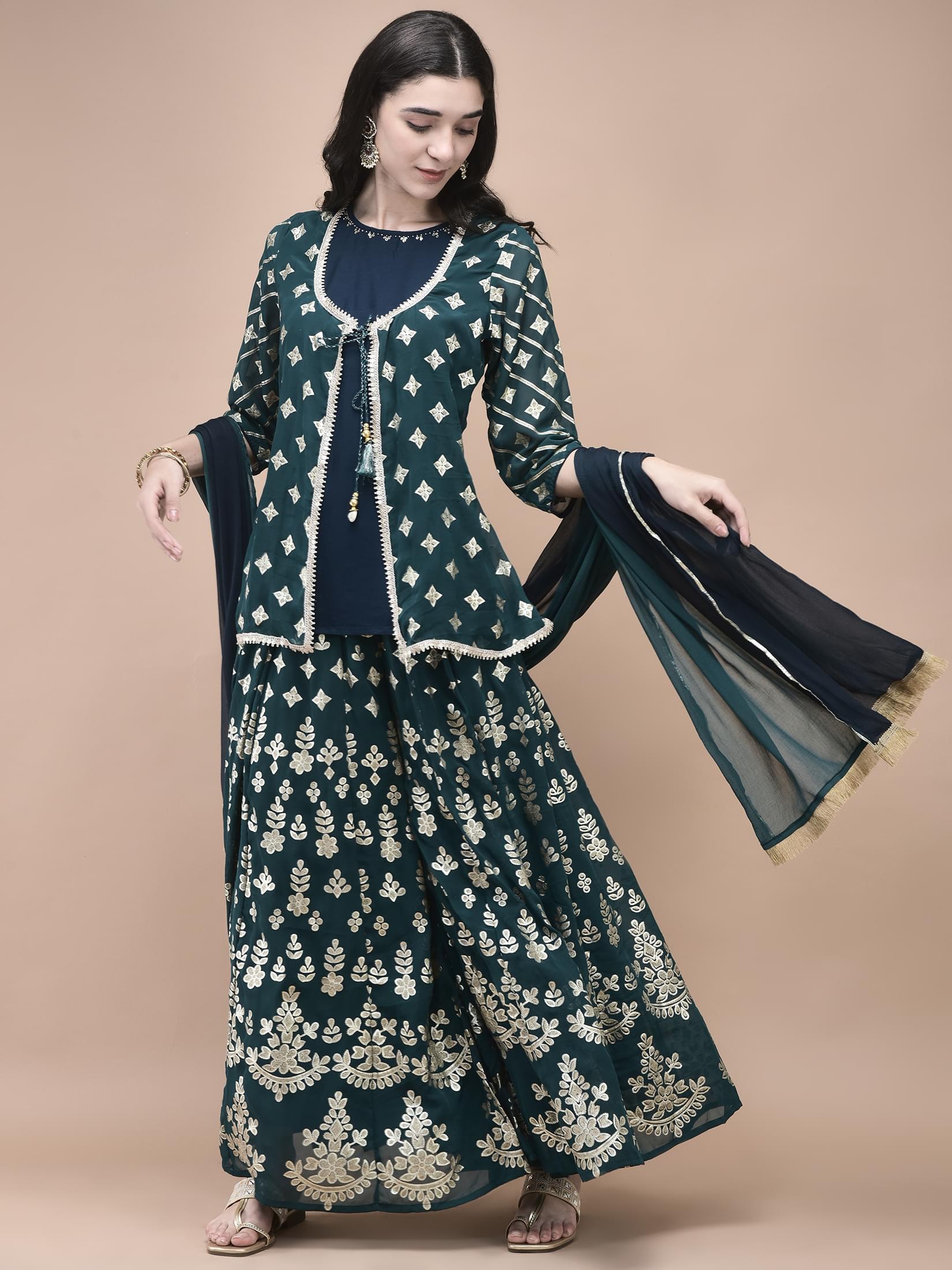 Women Georgette Teal Foil Print Kurta Split Pant Dupatta.
