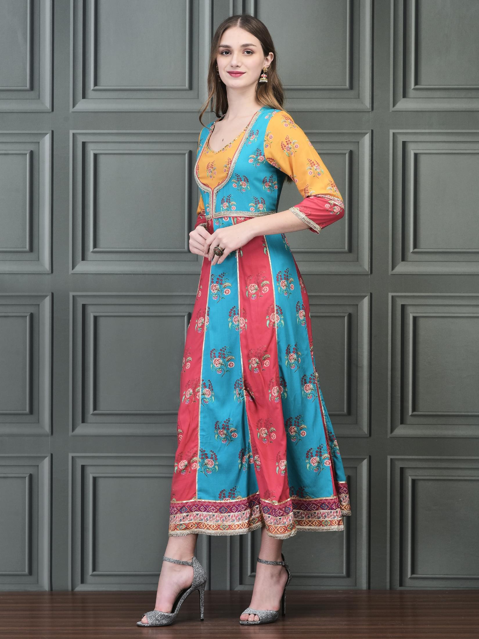 Women Liva (Rayon) Multicolor Floral Print Dress.