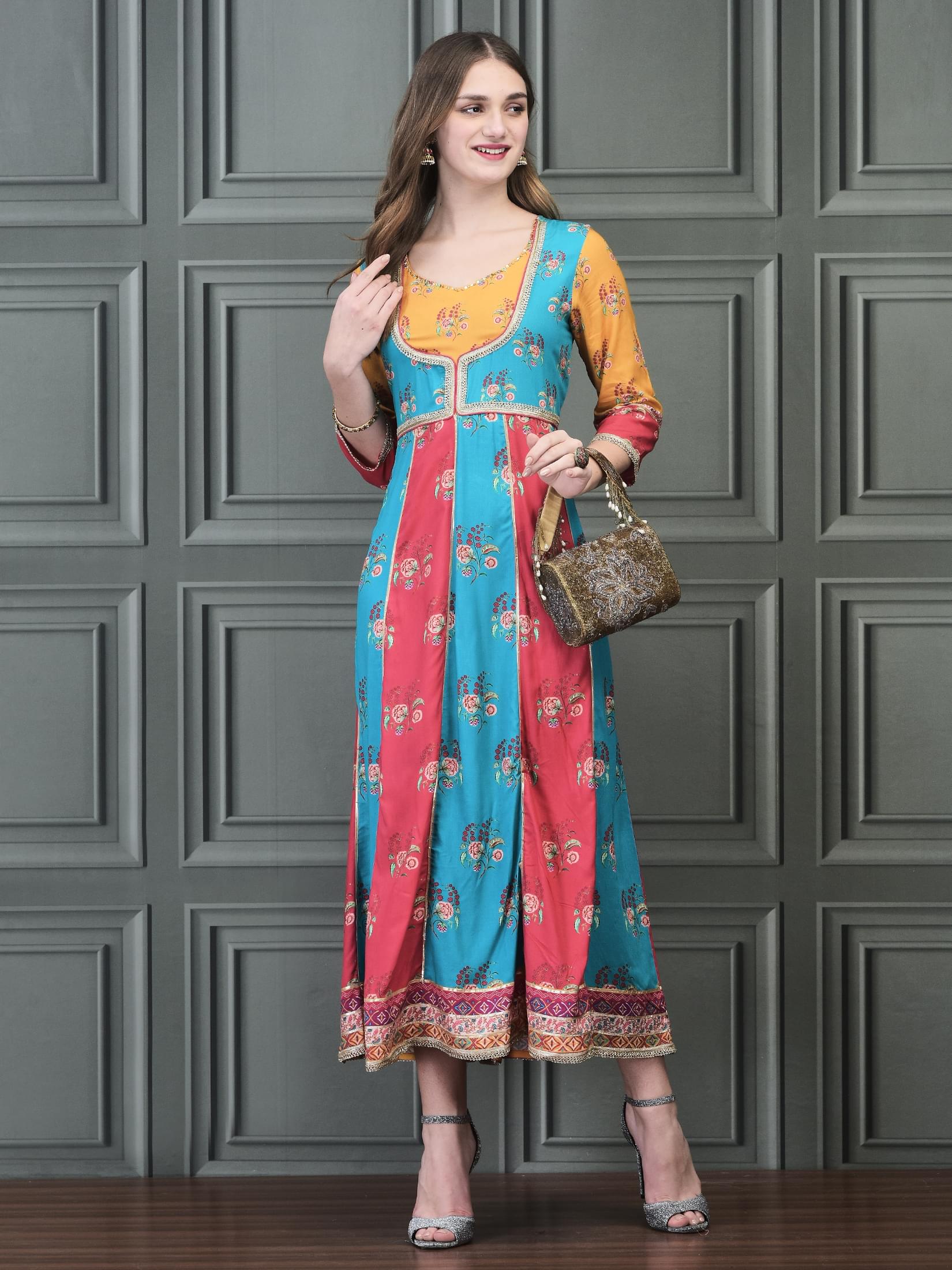Multicolor vibrant tropical floral print Liva rayon comfort flared dress for women