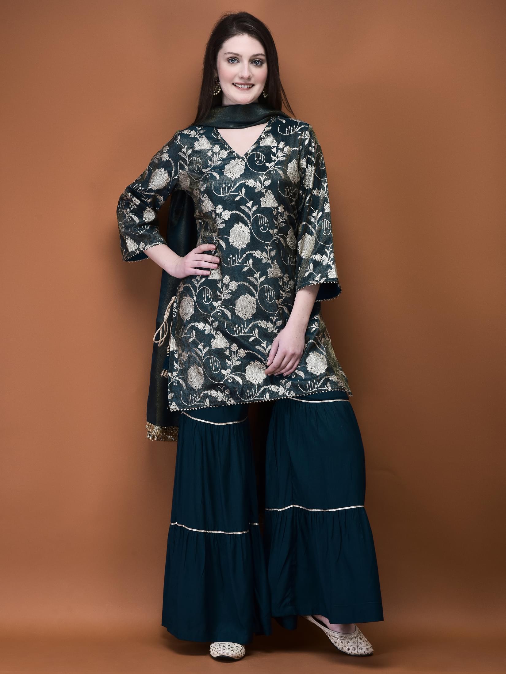Cobalt blue intricate self woven jacquard traditional wear layered sharara suit
