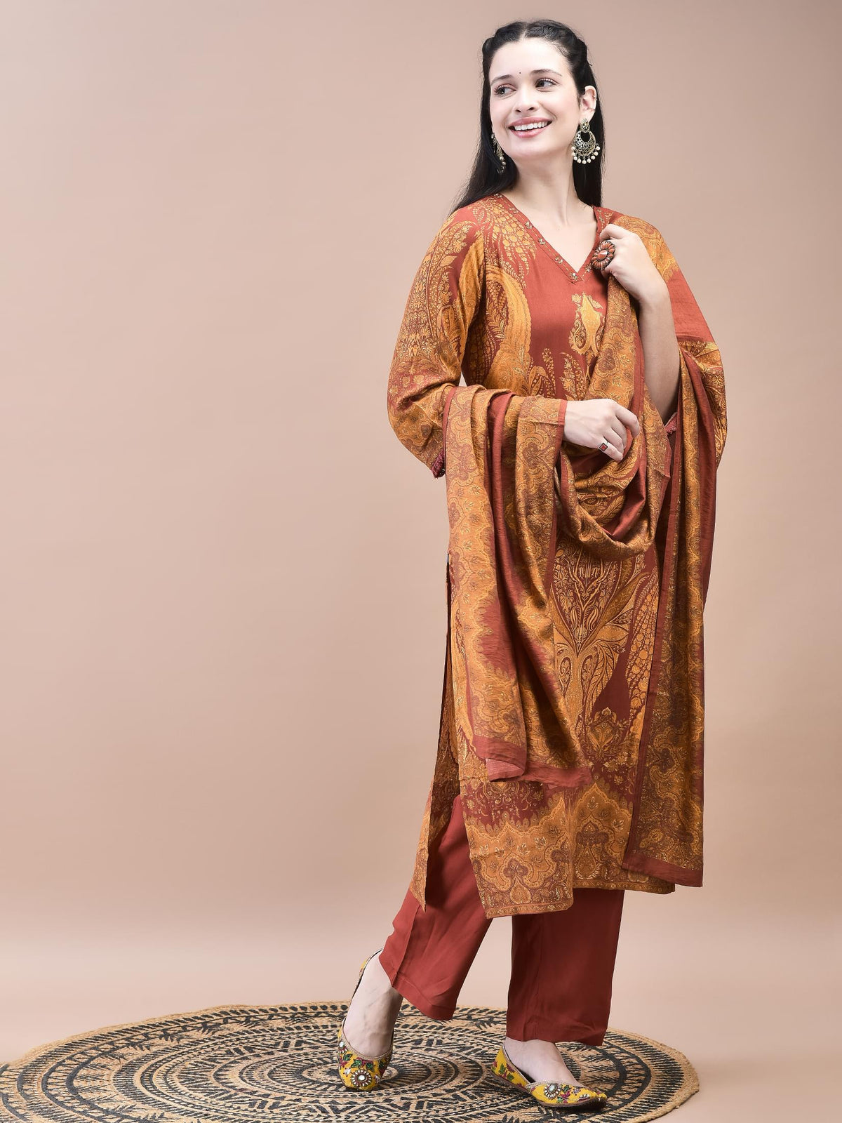 Women Liva Rust Paisley Print Kurta Comfort Pant Dupatta.