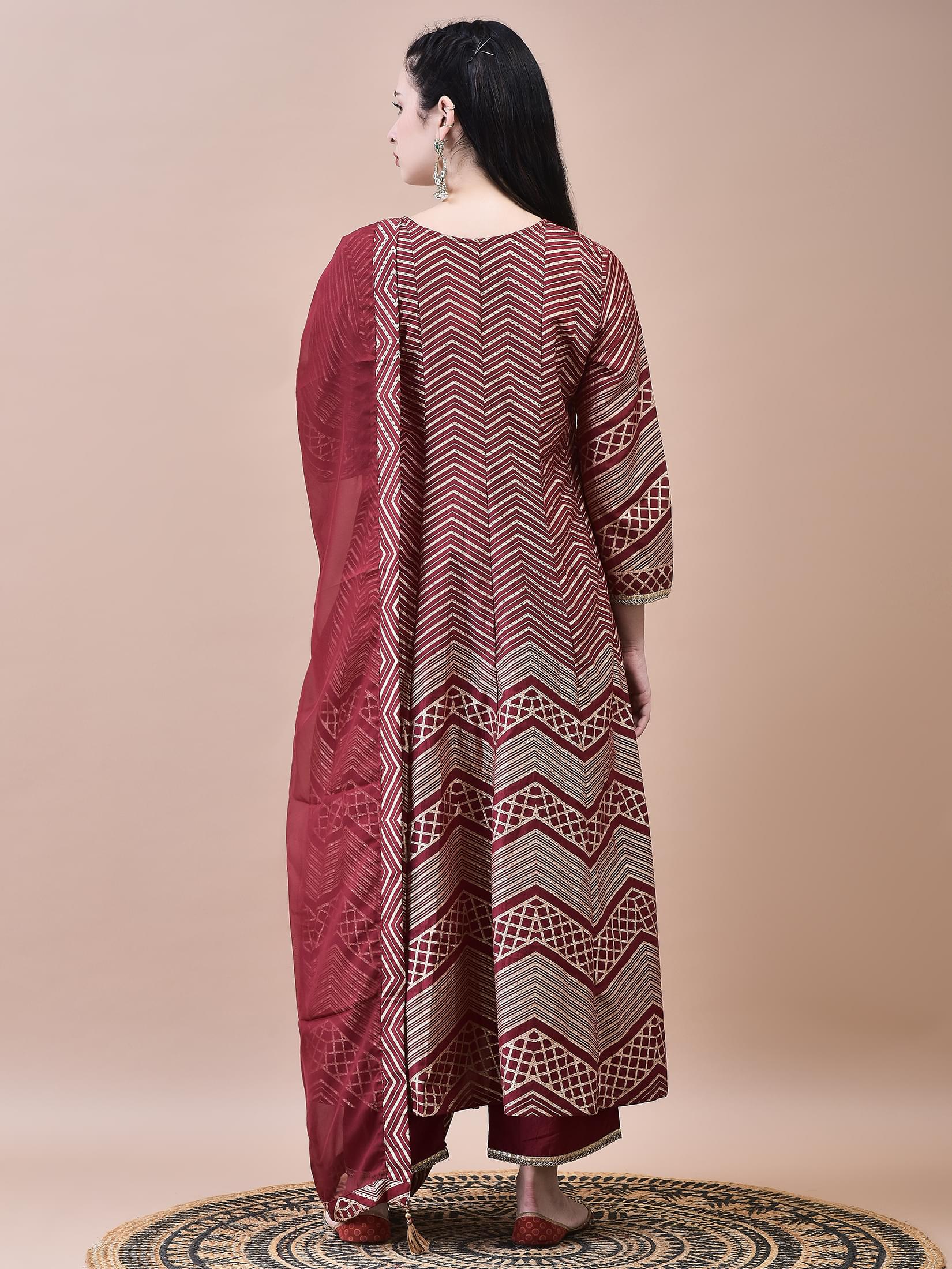 Women Samaira Maroon Geometric Print Kurta Comfort Pant Dupatta.