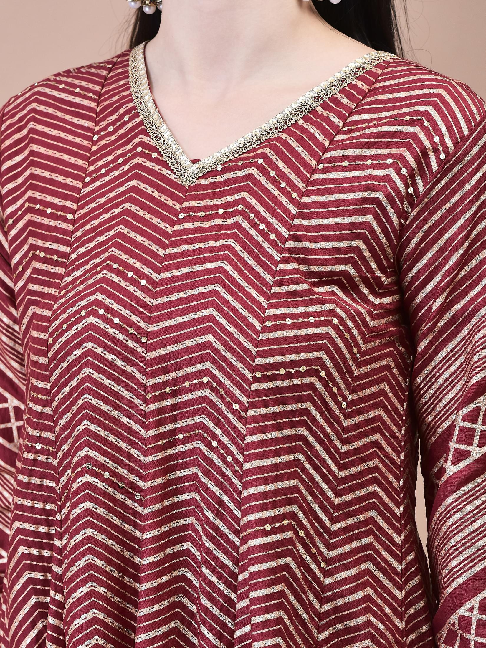 Women Samaira Maroon Geometric Print Kurta Comfort Pant Dupatta.