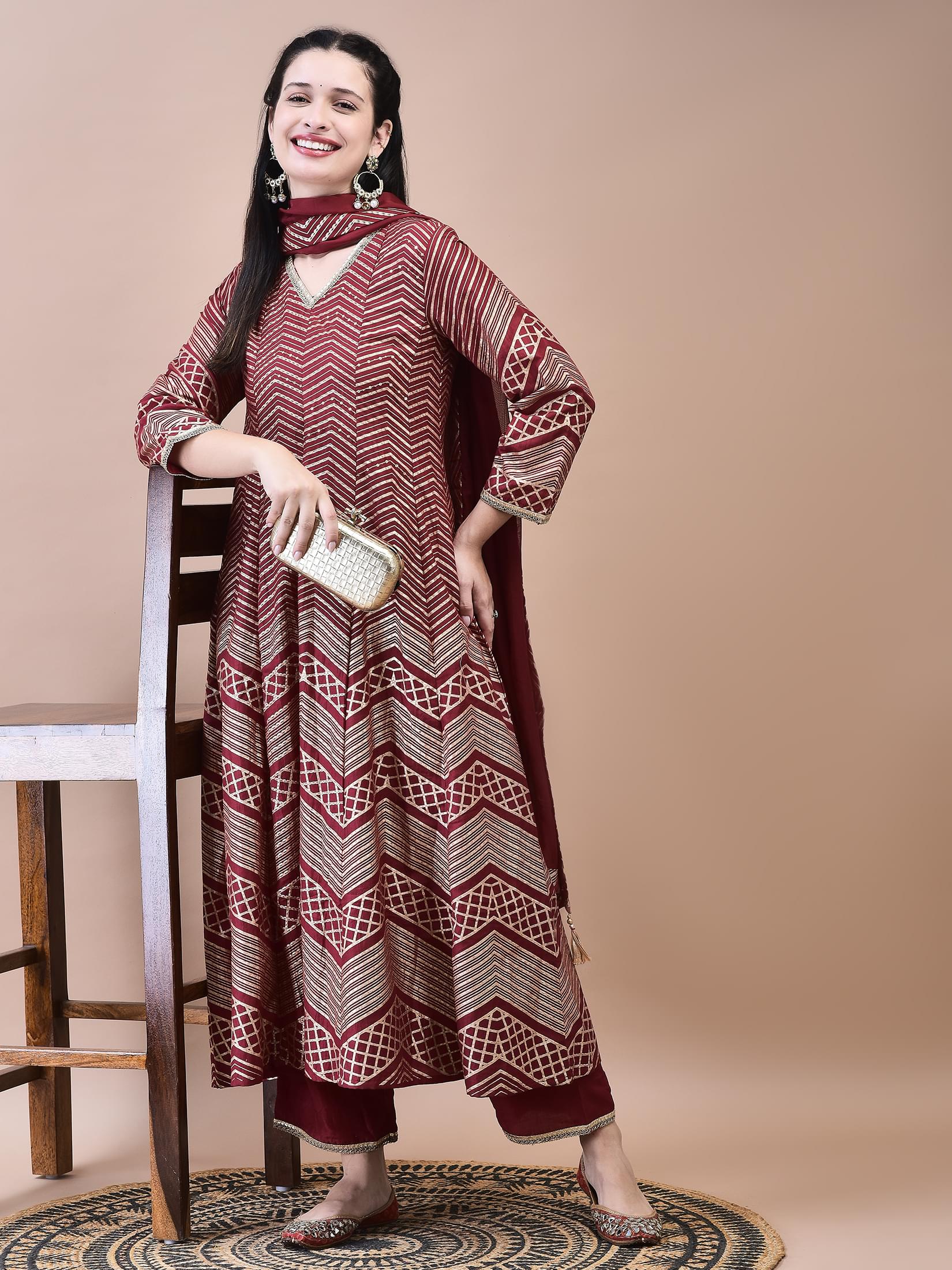 Women Samaira Maroon Geometric Print Kurta Comfort Pant Dupatta.
