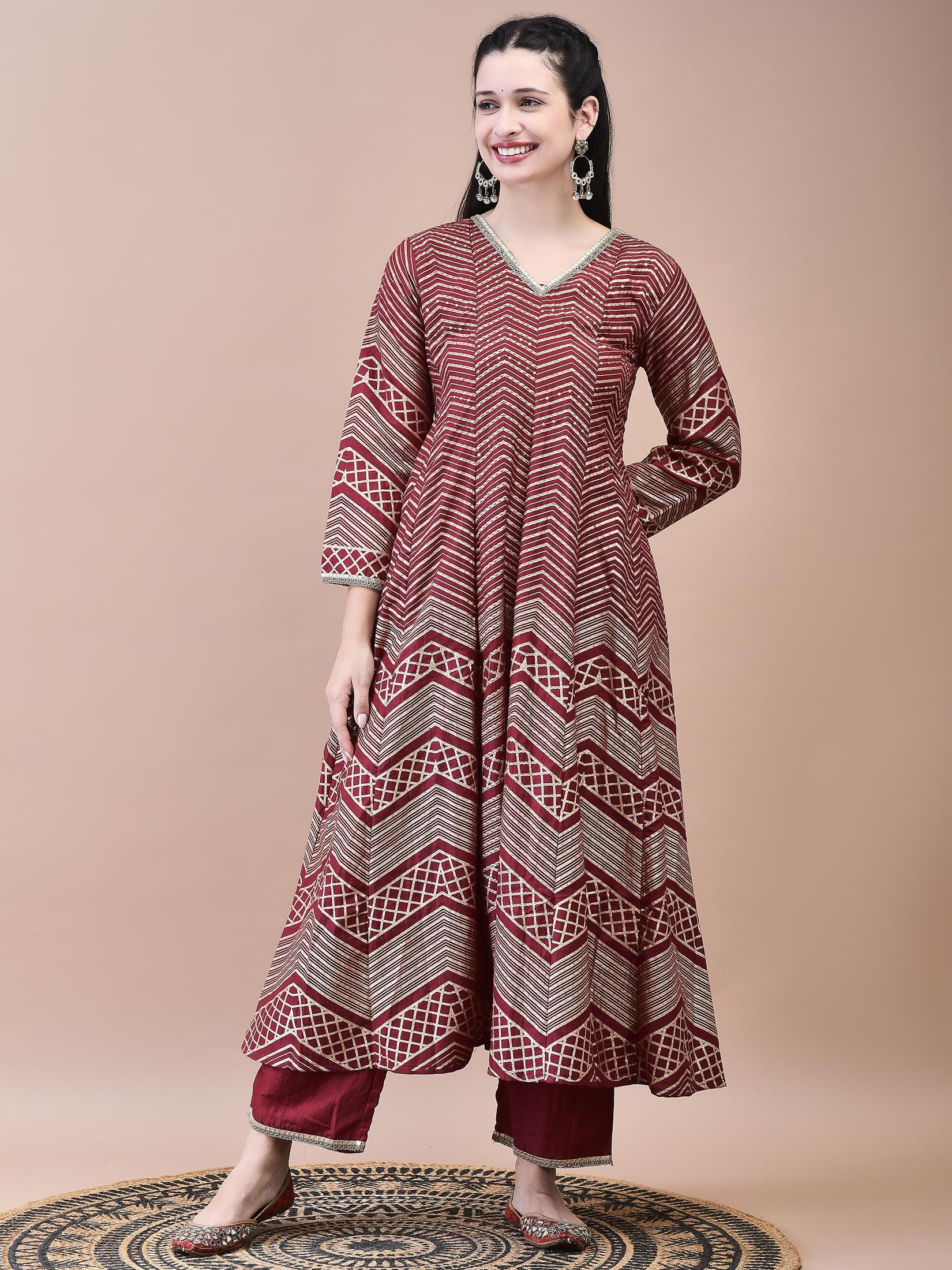 Women Samaira Maroon Geometric Print Kurta Comfort Pant Dupatta.